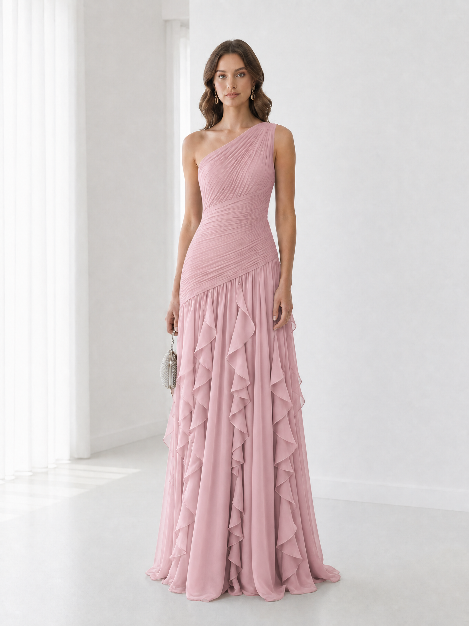 Earthy Brown One-Shoulder Formal Evening Dress with Cascade Ruffle Skirt
