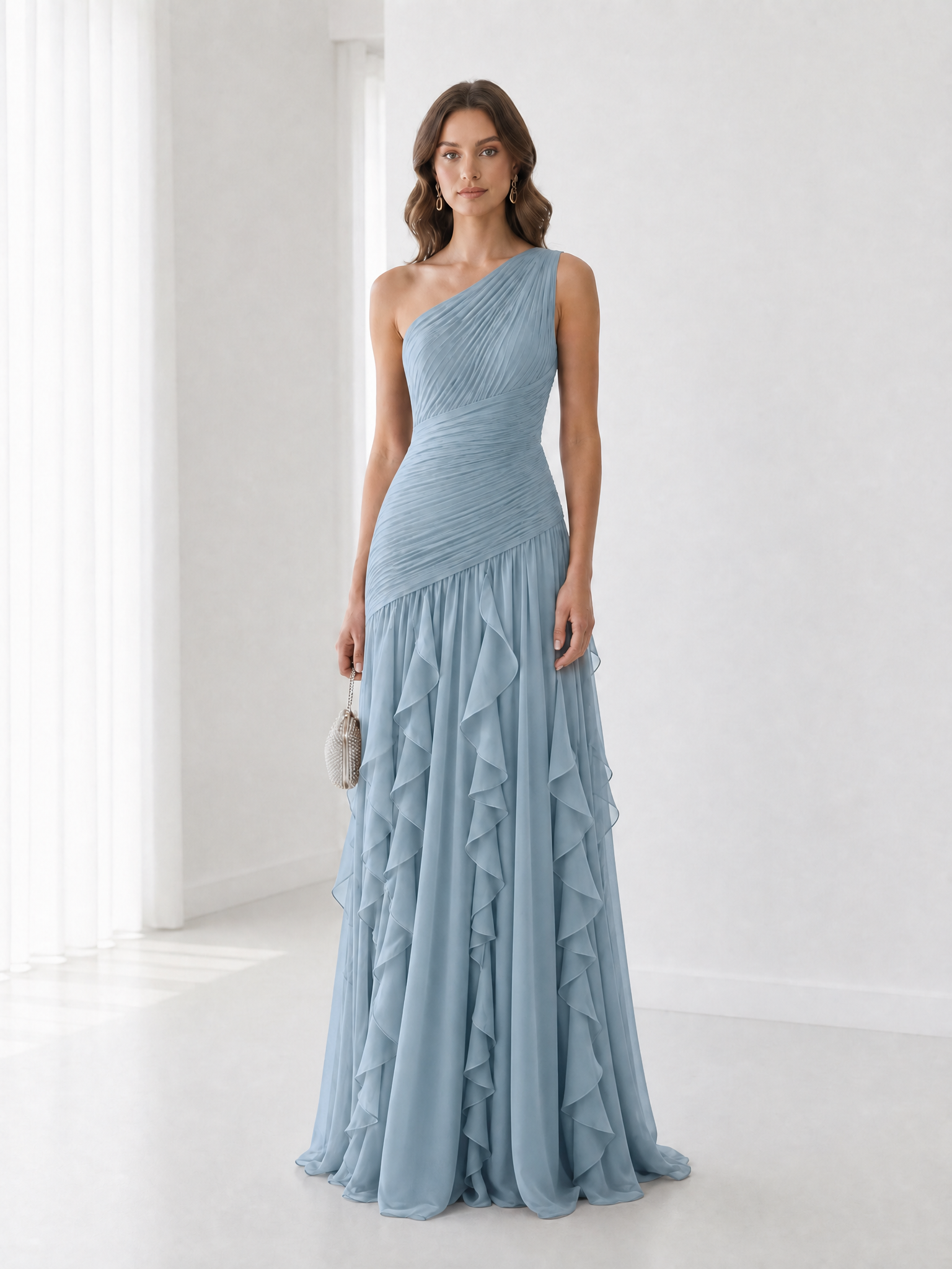 Earthy Brown One-Shoulder Formal Evening Dress with Cascade Ruffle Skirt