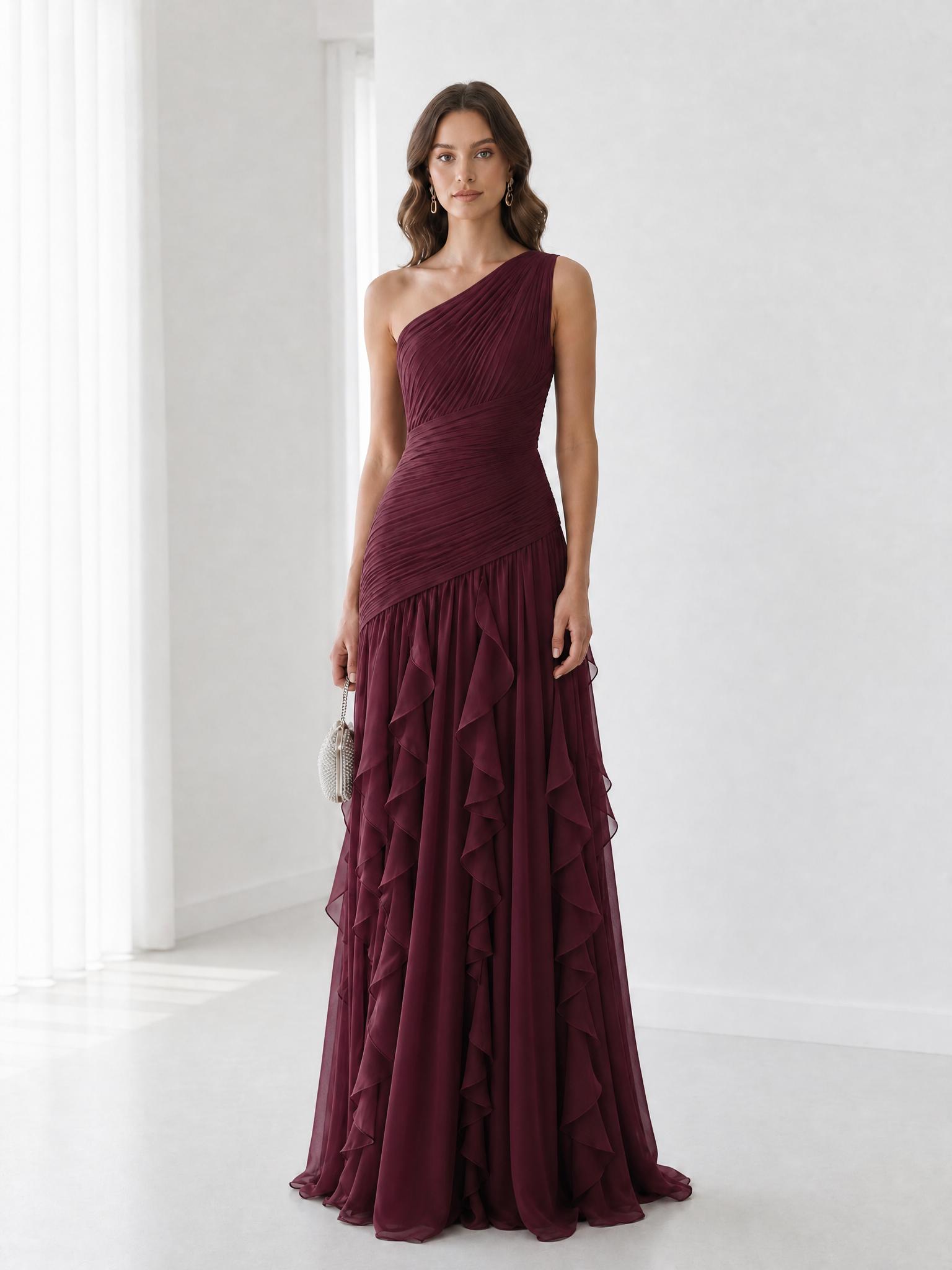 Earthy Brown One-Shoulder Formal Evening Dress with Cascade Ruffle Skirt