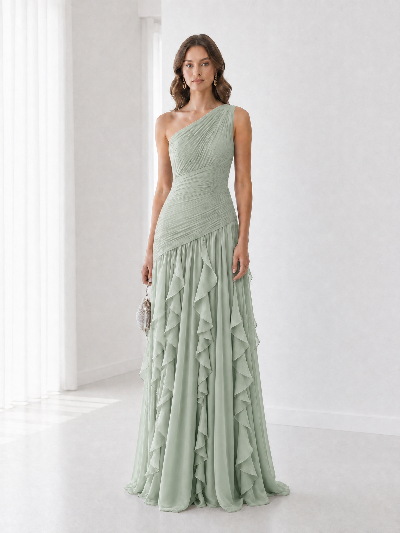 Earthy Brown One-Shoulder Formal Evening Dress with Cascade Ruffle Skirt