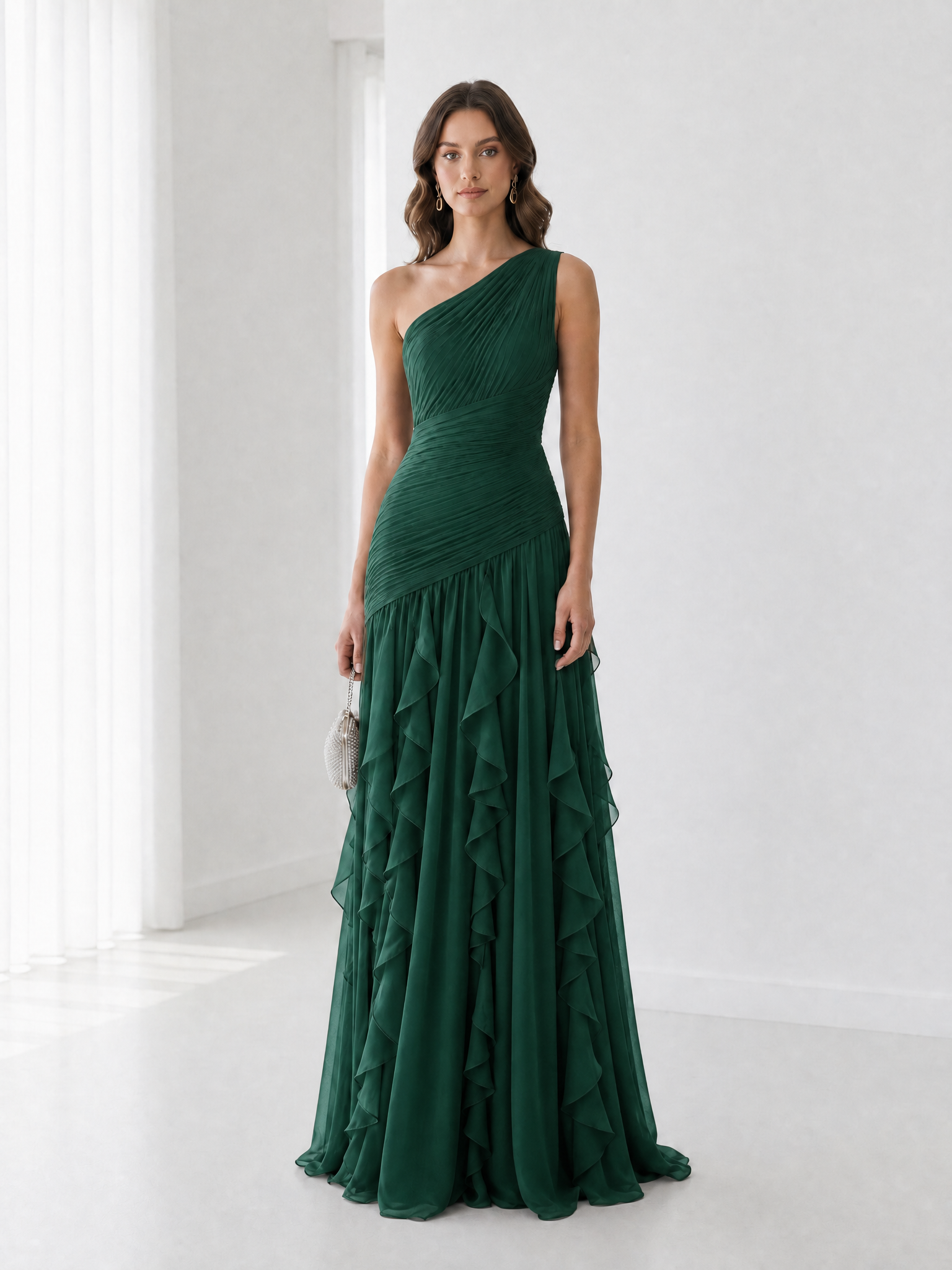 Earthy Brown One-Shoulder Formal Evening Dress with Cascade Ruffle Skirt