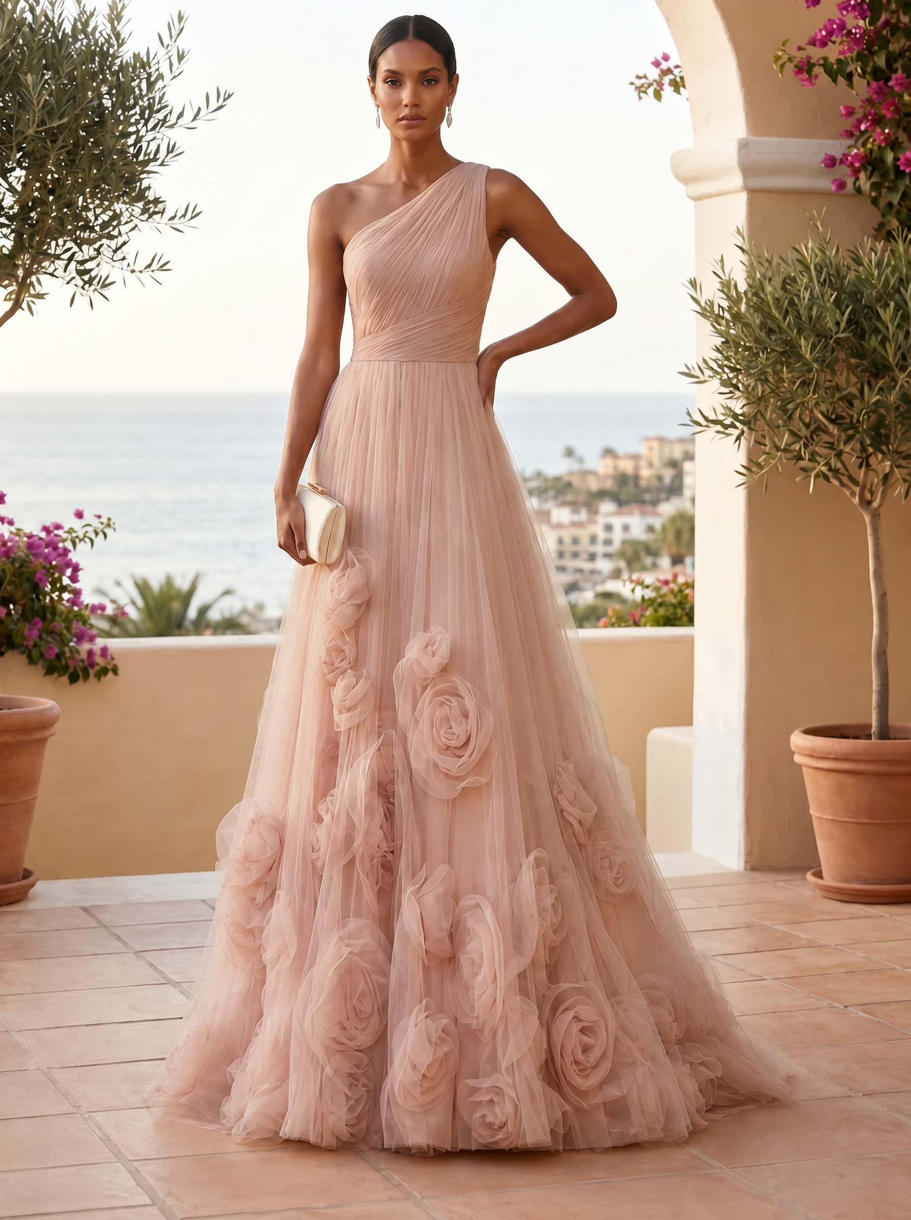 Enchanted Blush Tulle One-Shoulder Floral Formal Evening Dress