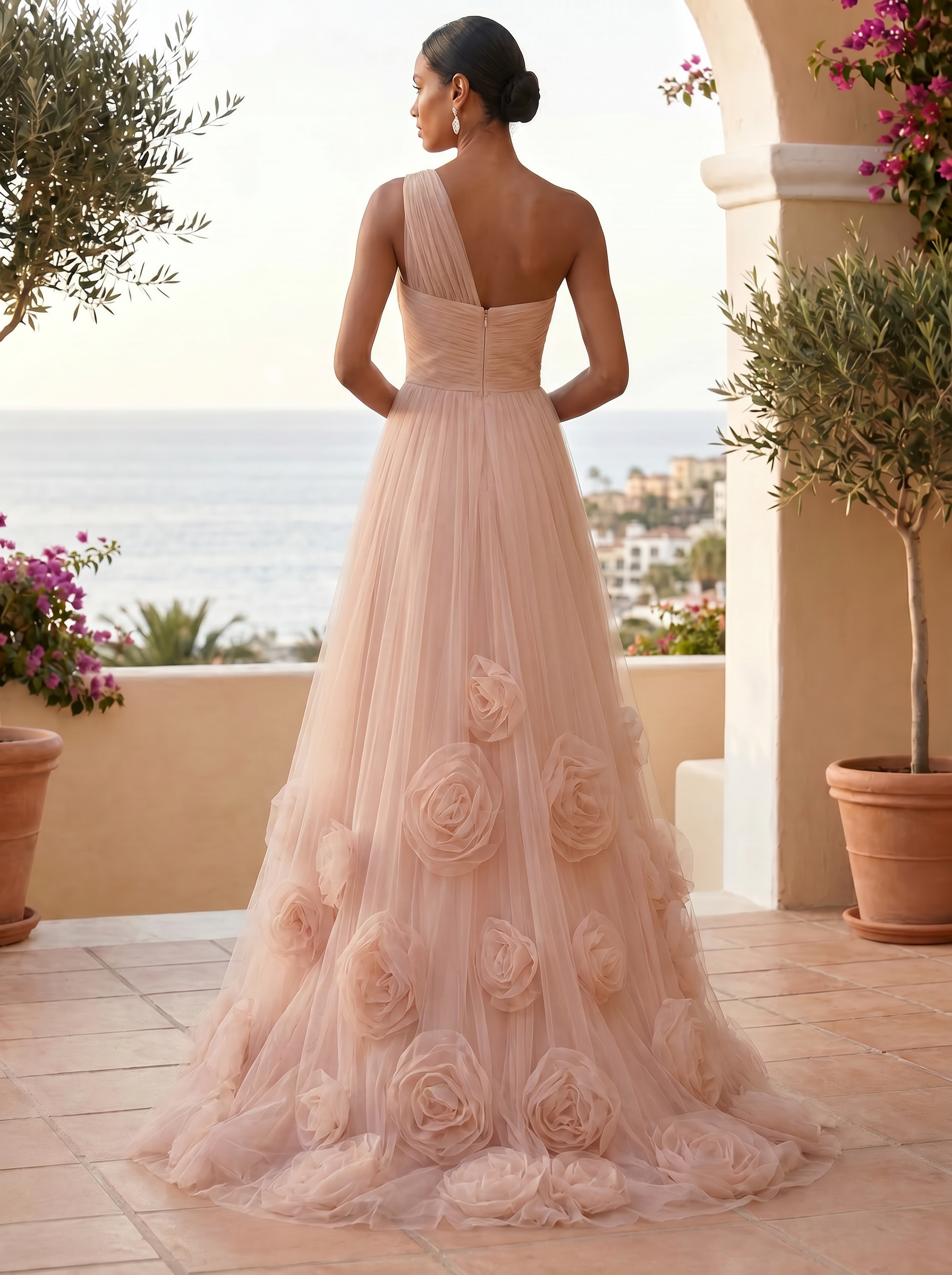 Enchanted Blush Tulle One-Shoulder Floral Formal Evening Dress