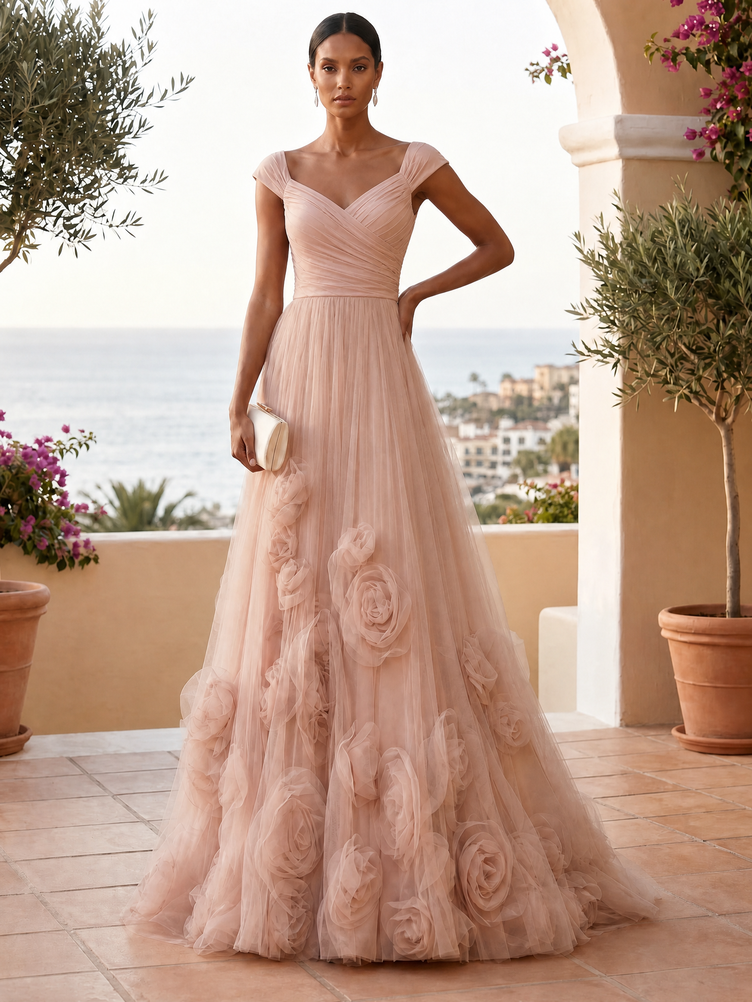 Enchanted Blush Tulle Cap-Sleeve Floral Formal Evening Dress