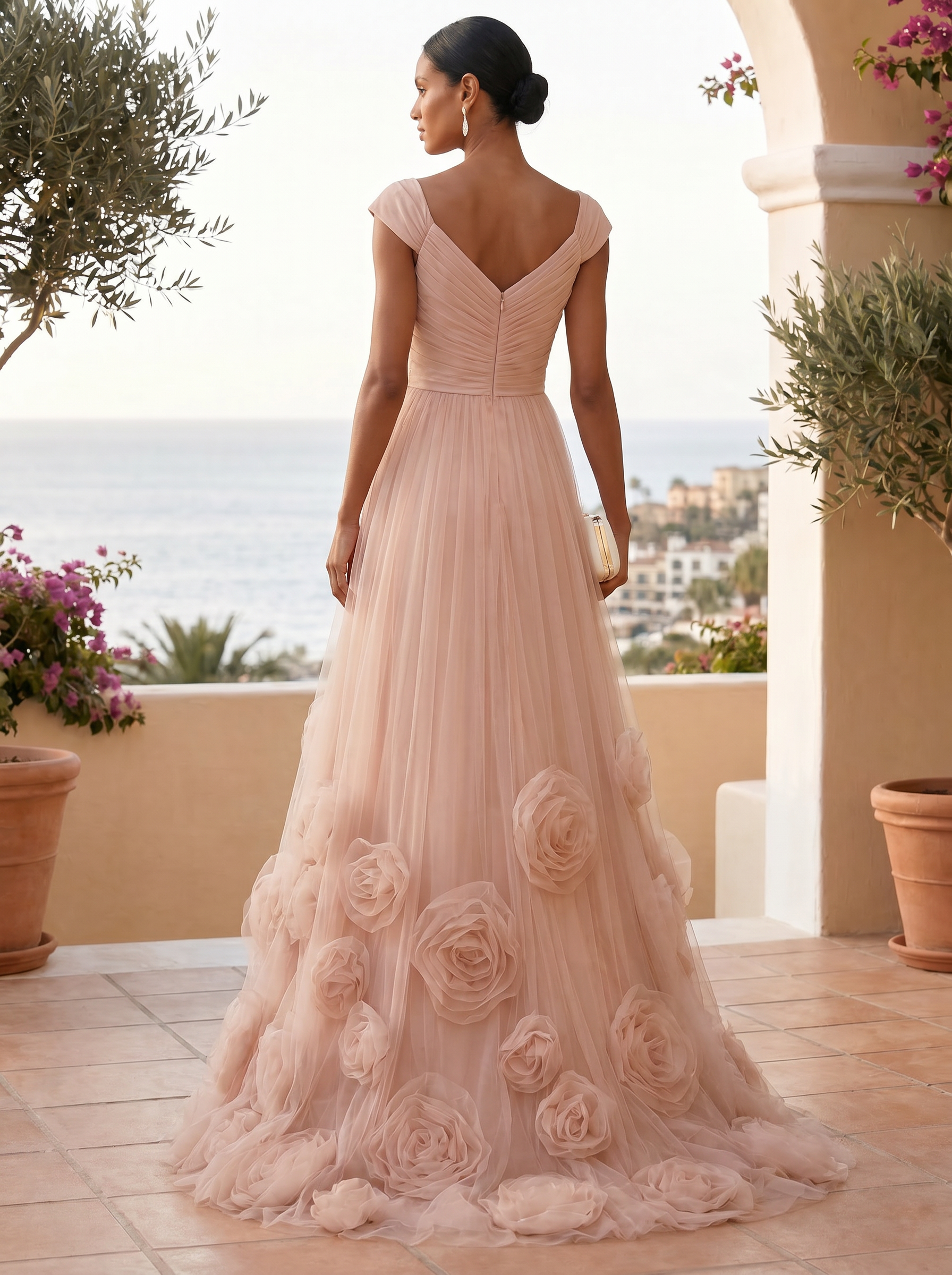 Enchanted Blush Tulle Cap-Sleeve Floral Formal Evening Dress