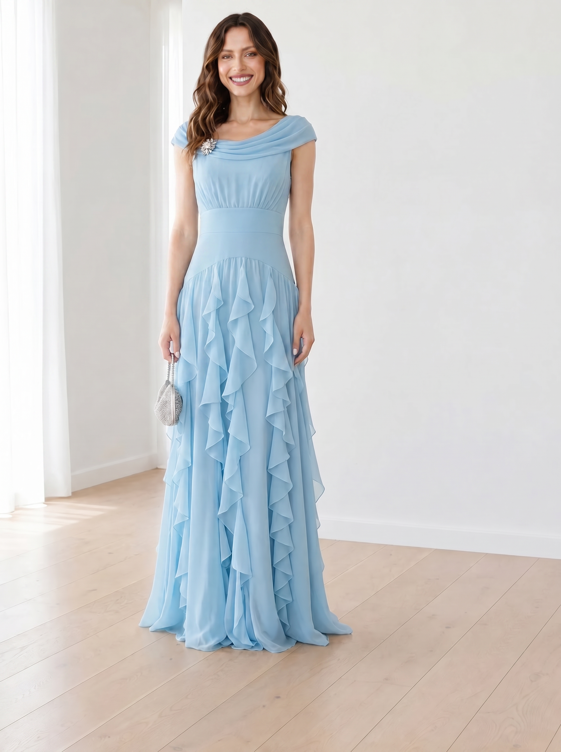 Serene Sky Blue Off-the-Shoulder Cascading Ruffle Formal Evening Dress