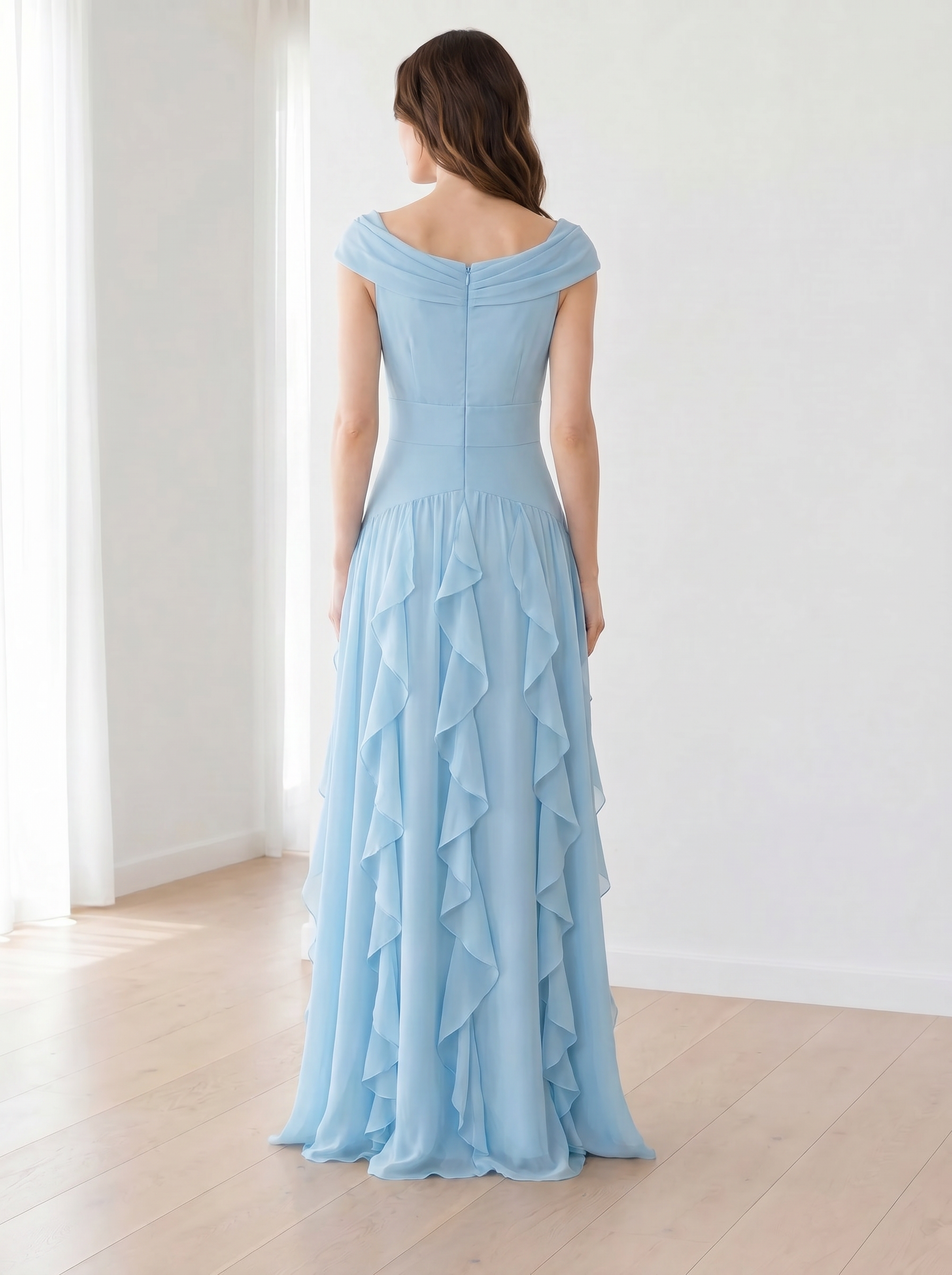 Serene Sky Blue Off-the-Shoulder Cascading Ruffle Formal Evening Dress