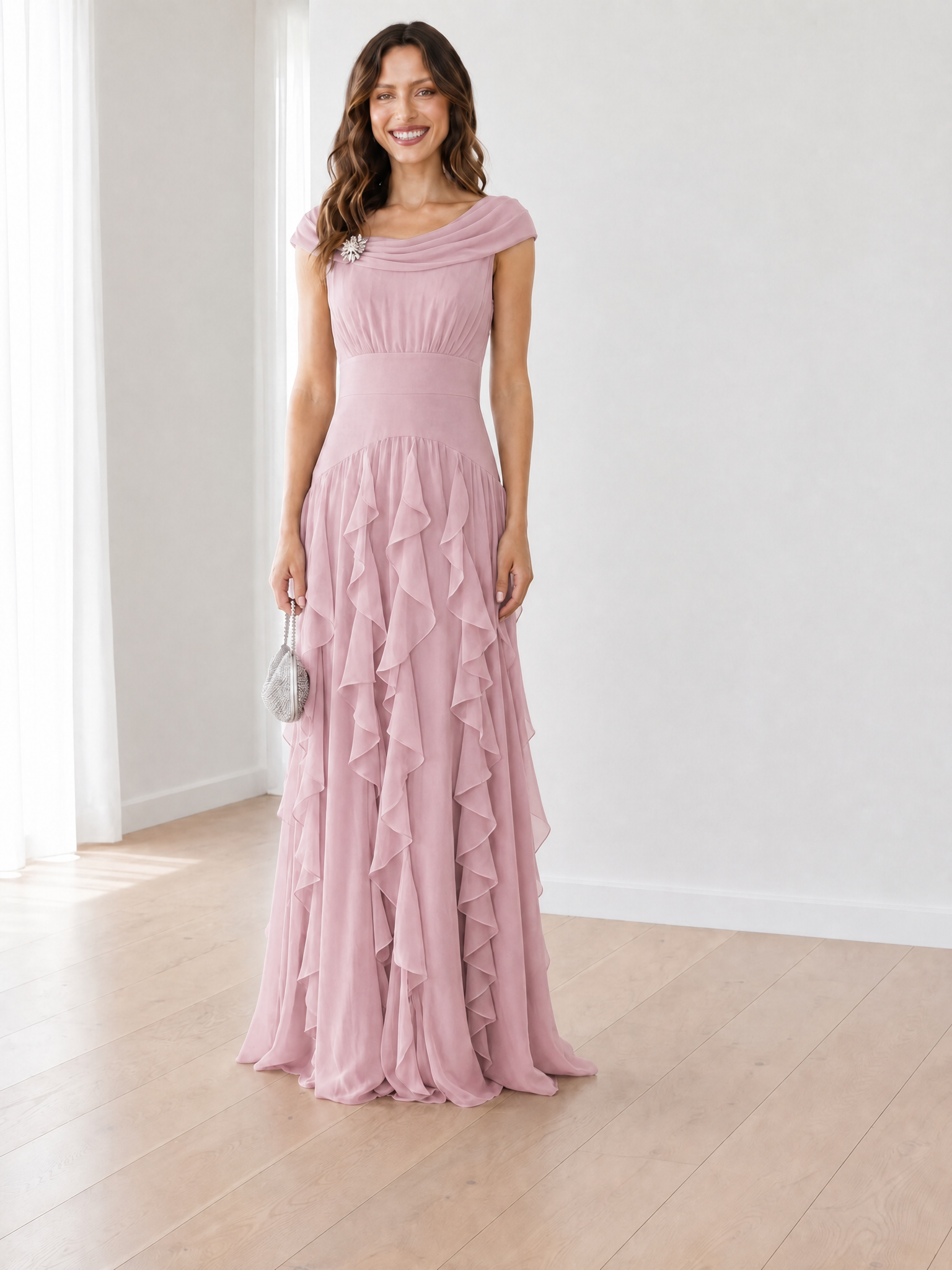 Serene Sky Blue Off-the-Shoulder Cascading Ruffle Formal Evening Dress