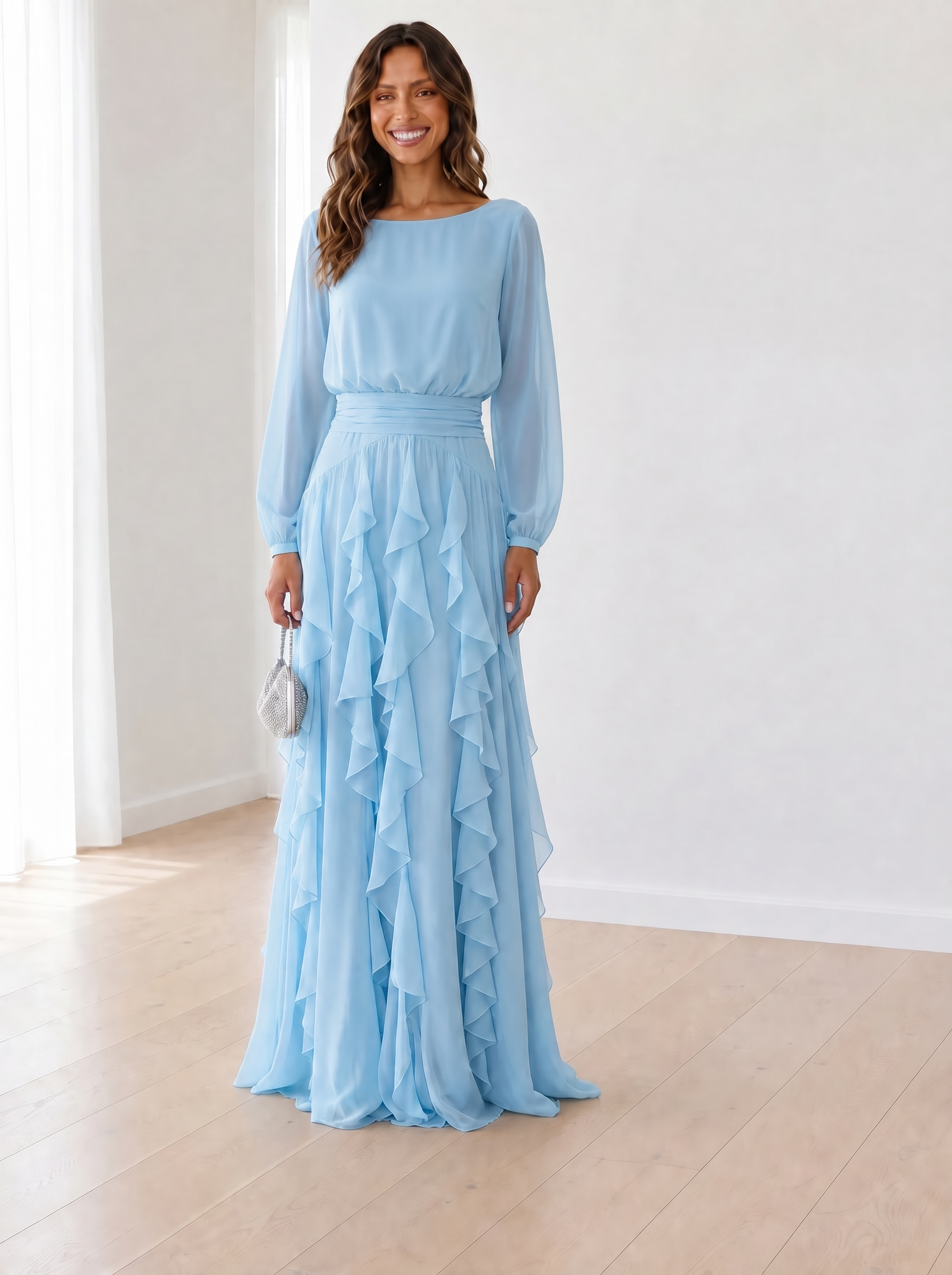 Serene Sky Blue Long-Sleeve Cascading Ruffle Formal Evening Dress
