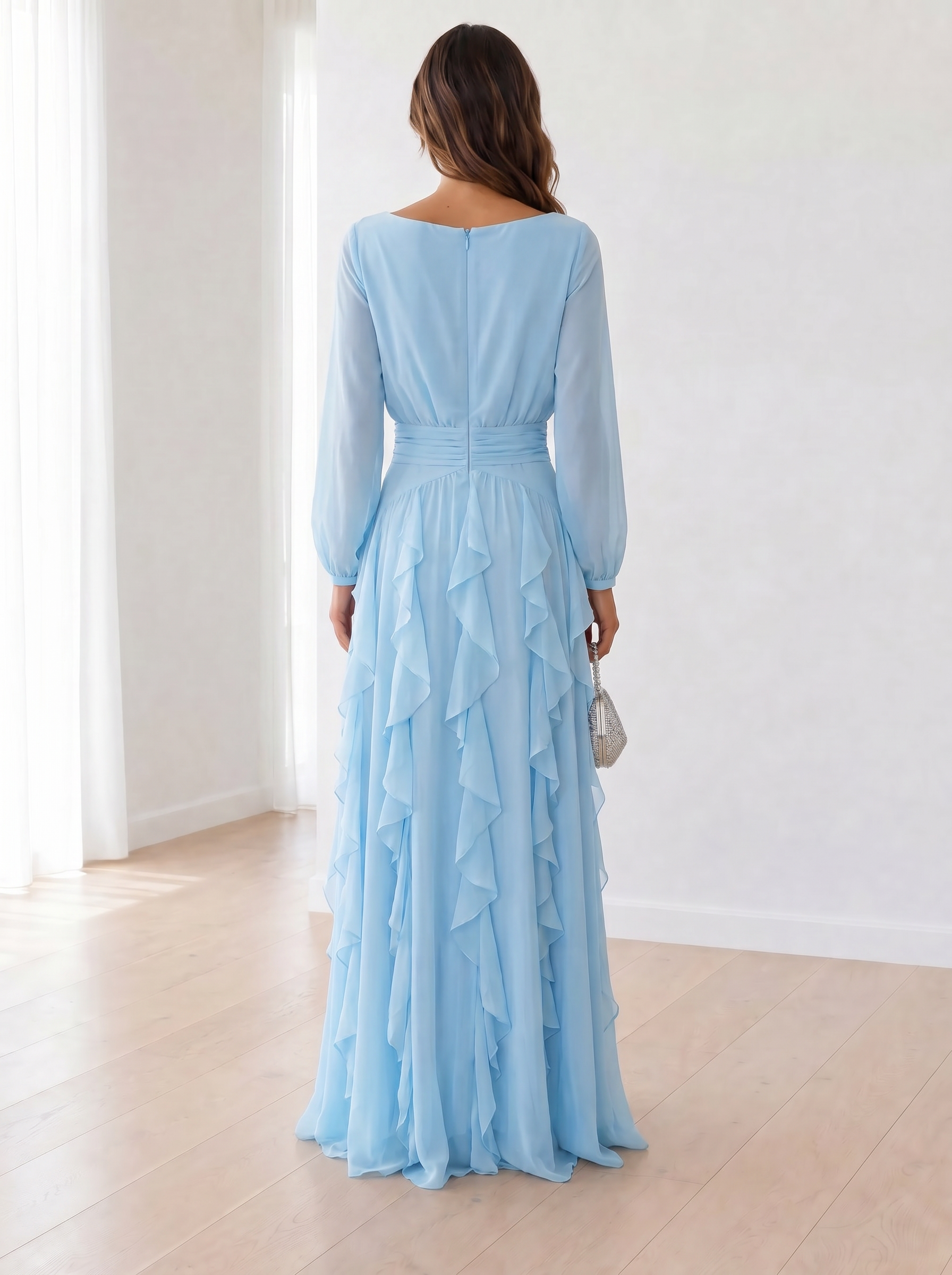 Serene Sky Blue Long-Sleeve Cascading Ruffle Formal Evening Dress