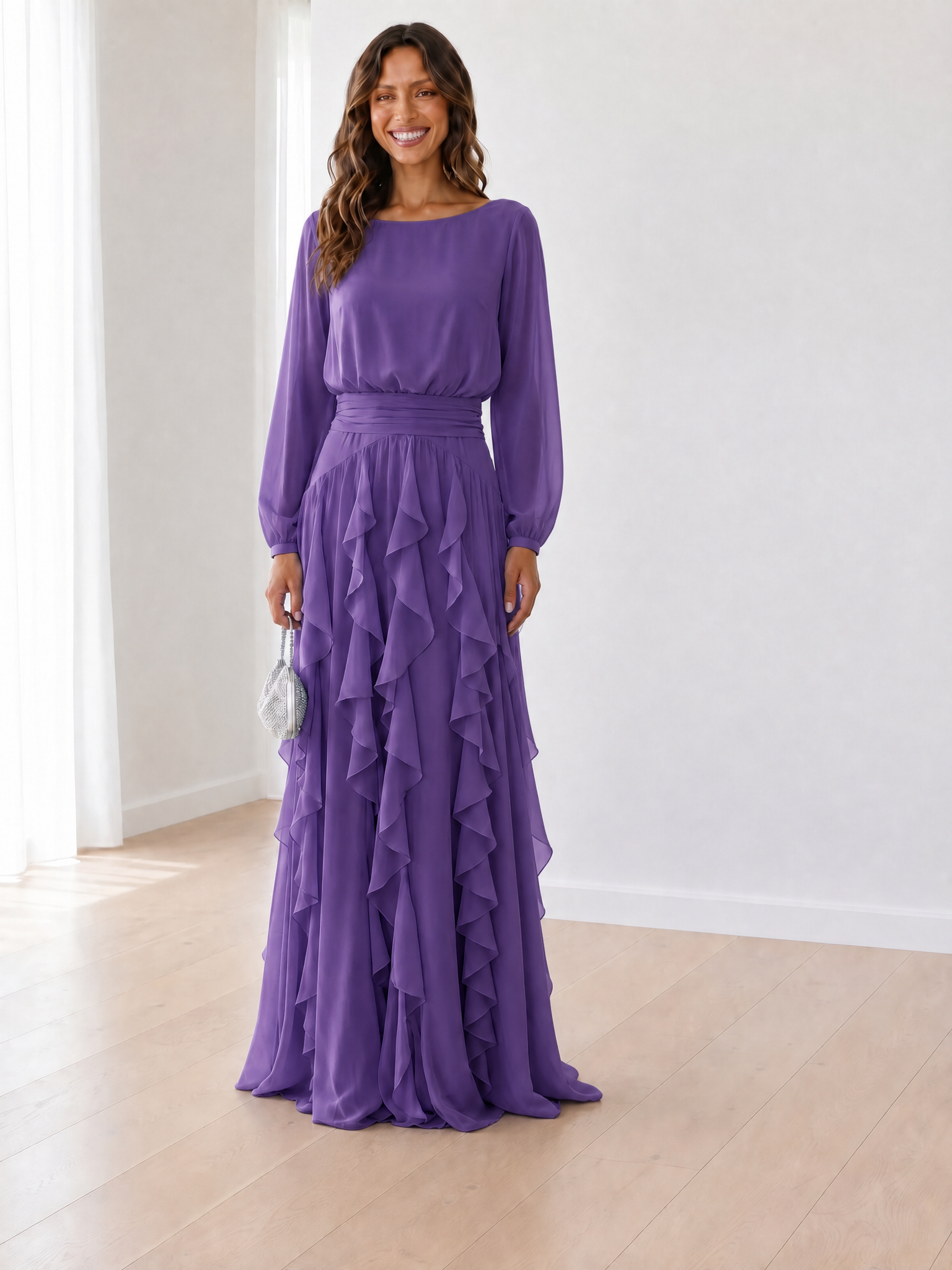 Serene Sky Blue Long-Sleeve Cascading Ruffle Formal Evening Dress