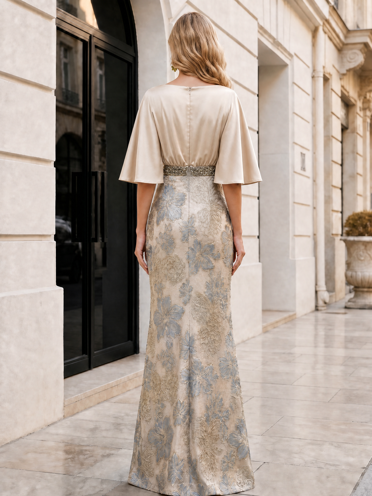 Champagne Floral Jacquard Cape-Sleeve Sheath V-Neck Mother of the Bride & Groom Dresses
