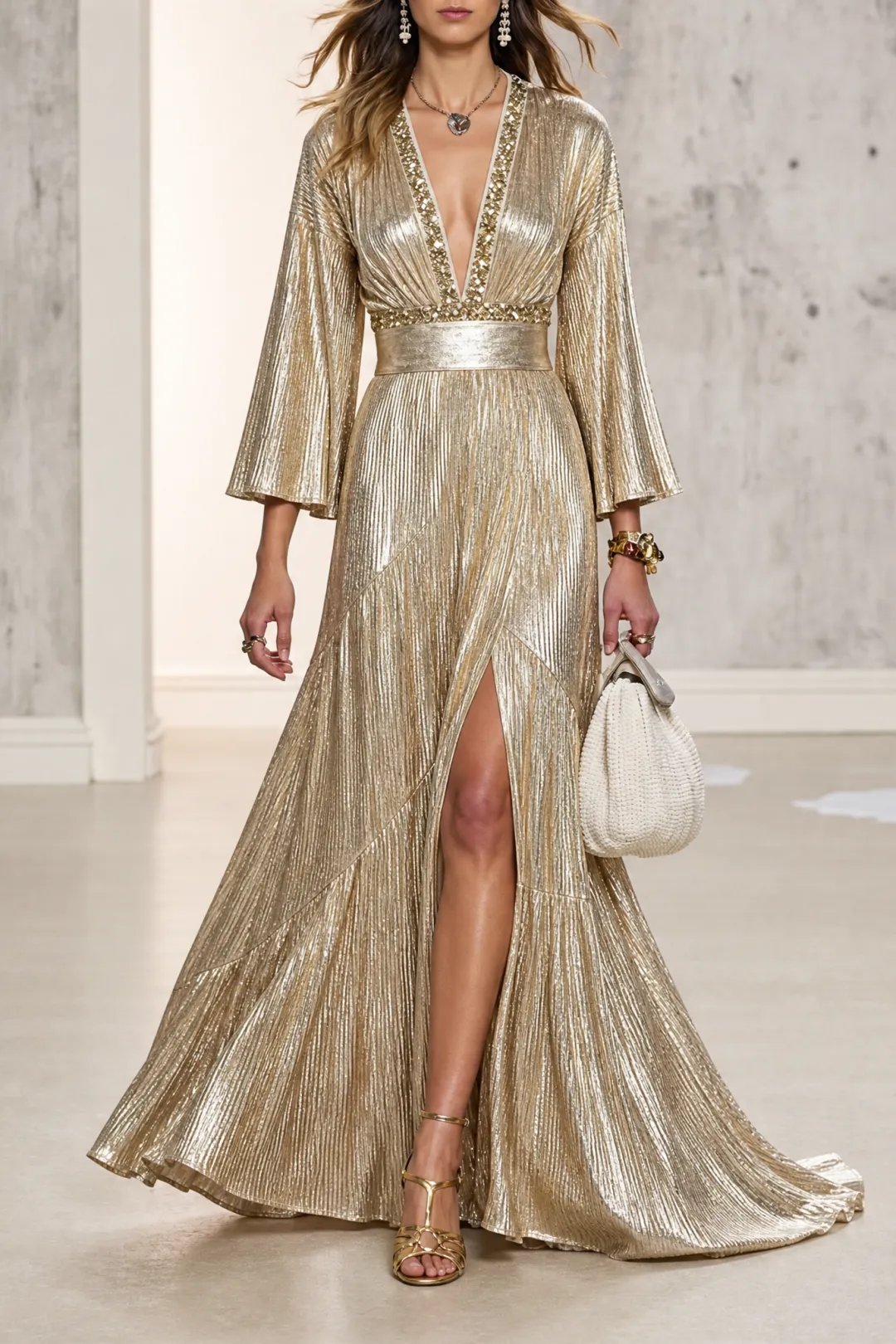  Gold Shimmer V-neck Beaded Waist 3/4 Sleeve Split Maxi Formal Evening Dress 