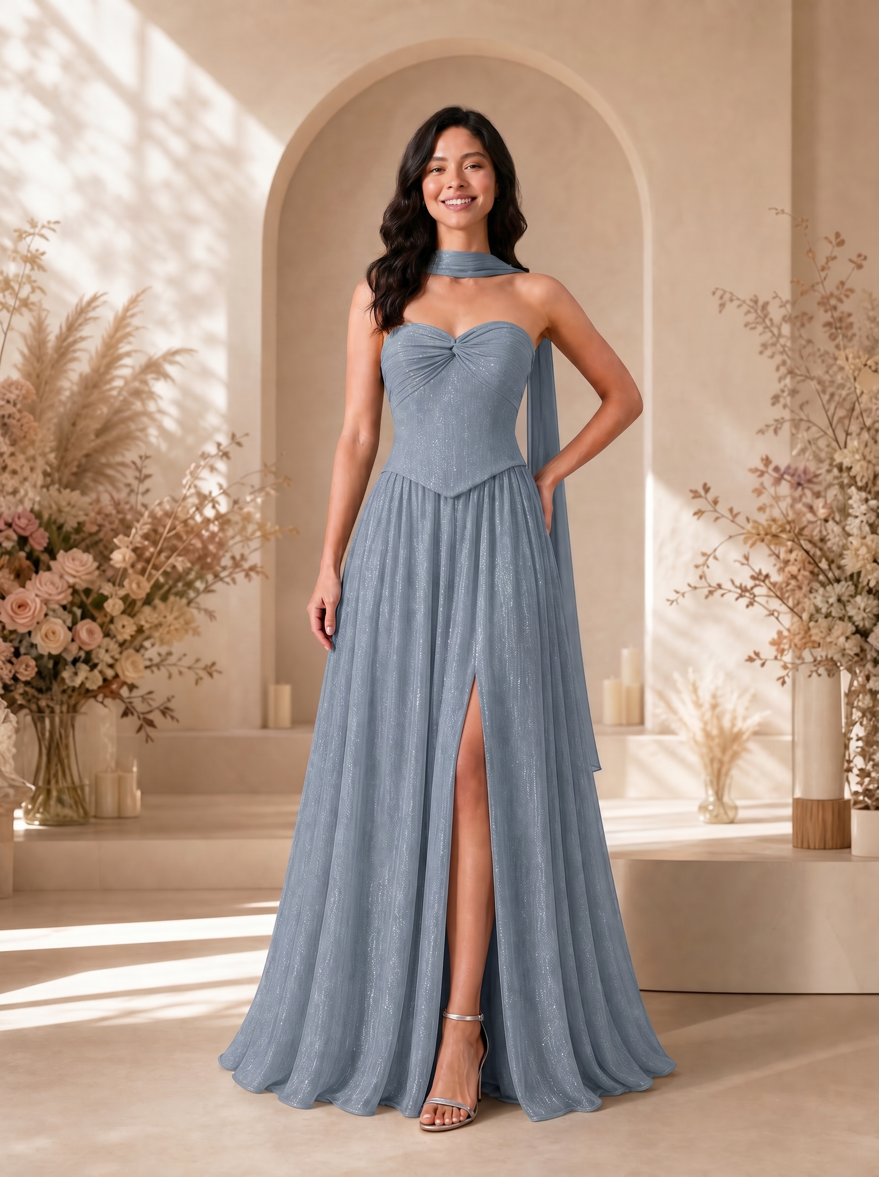 Celestial Dusty Blue Glitter Basque Waist Bridesmaid Dress