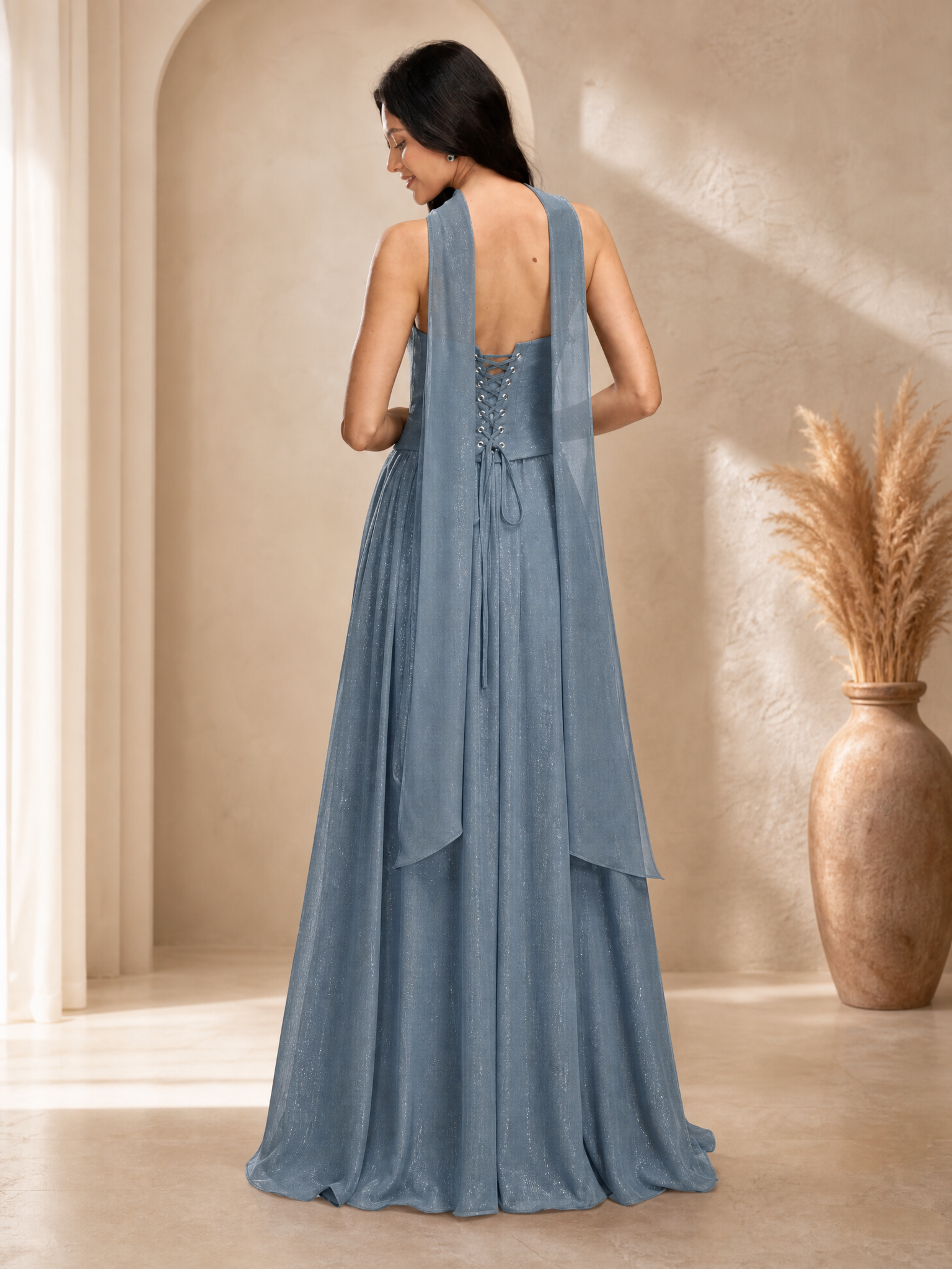 Celestial Dusty Blue Glitter Basque Waist Bridesmaid Dress