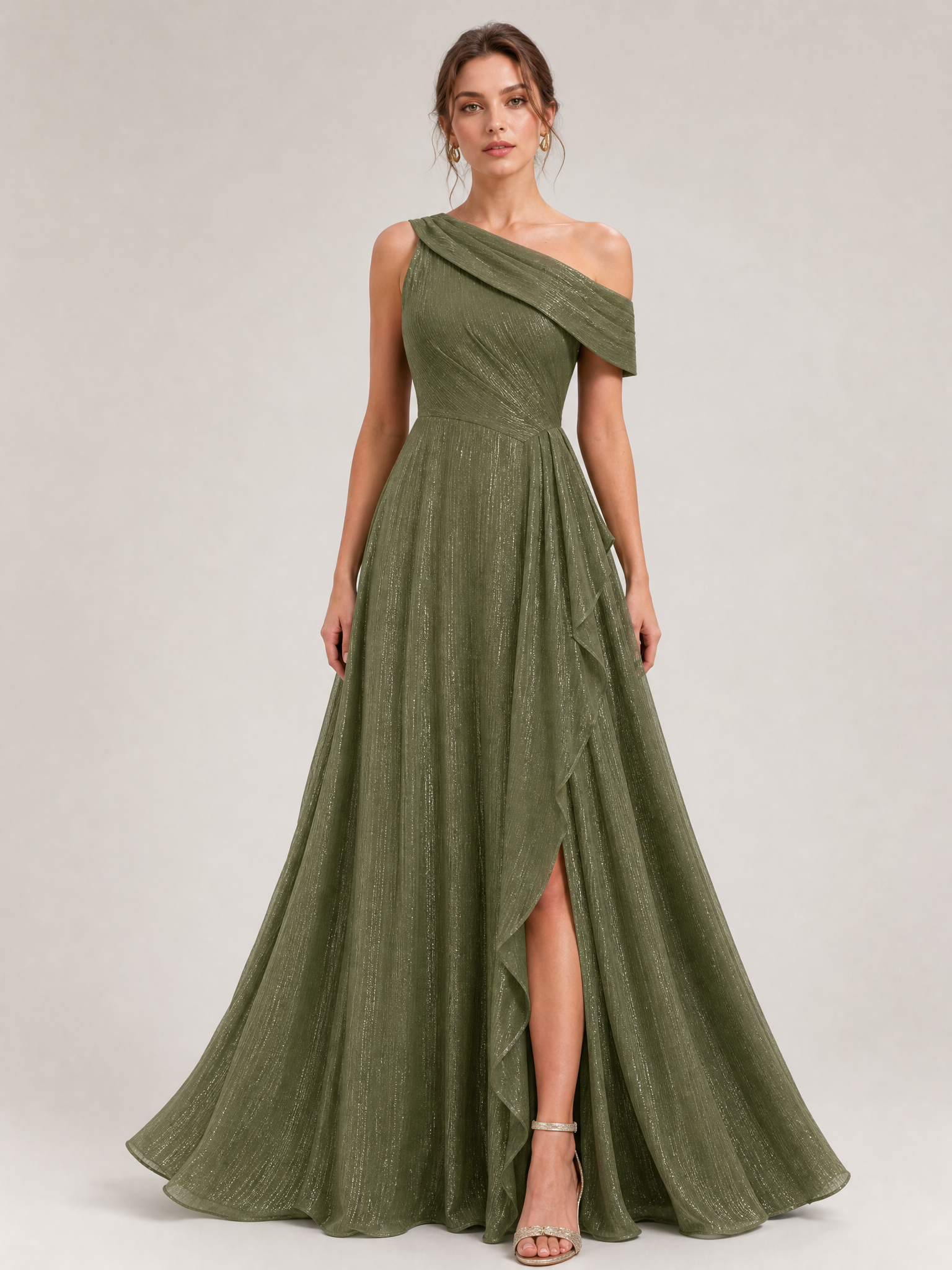Enchanted Olive Shimmer One-Shoulder Bridesmaid Dress