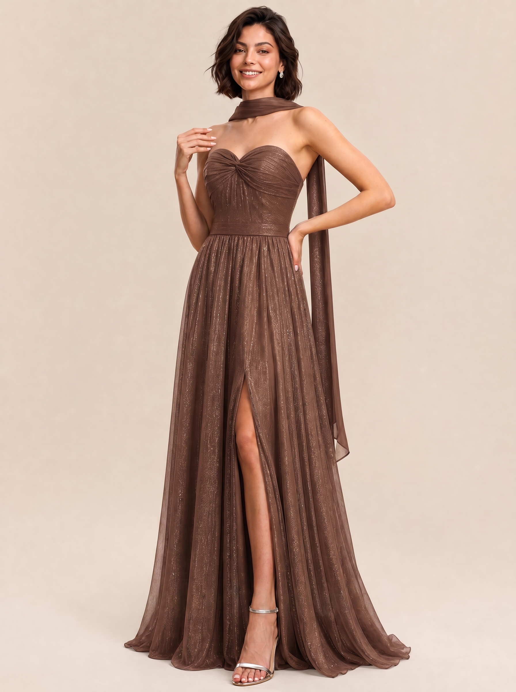 Celestial Brown Shimmer Twist Bust Bridesmaid Dress