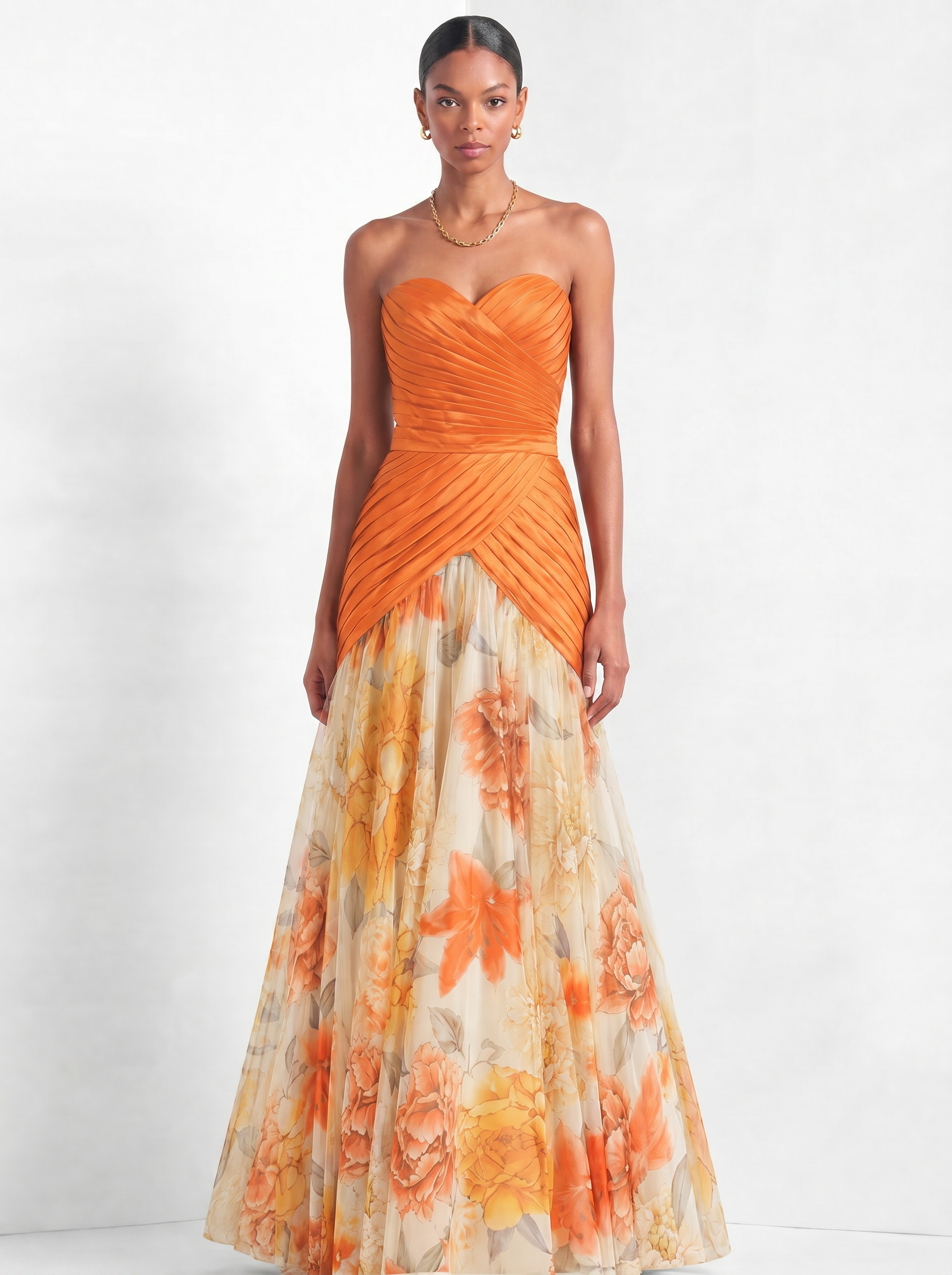 Orange Vibrant Floral Ruched Evening Dress