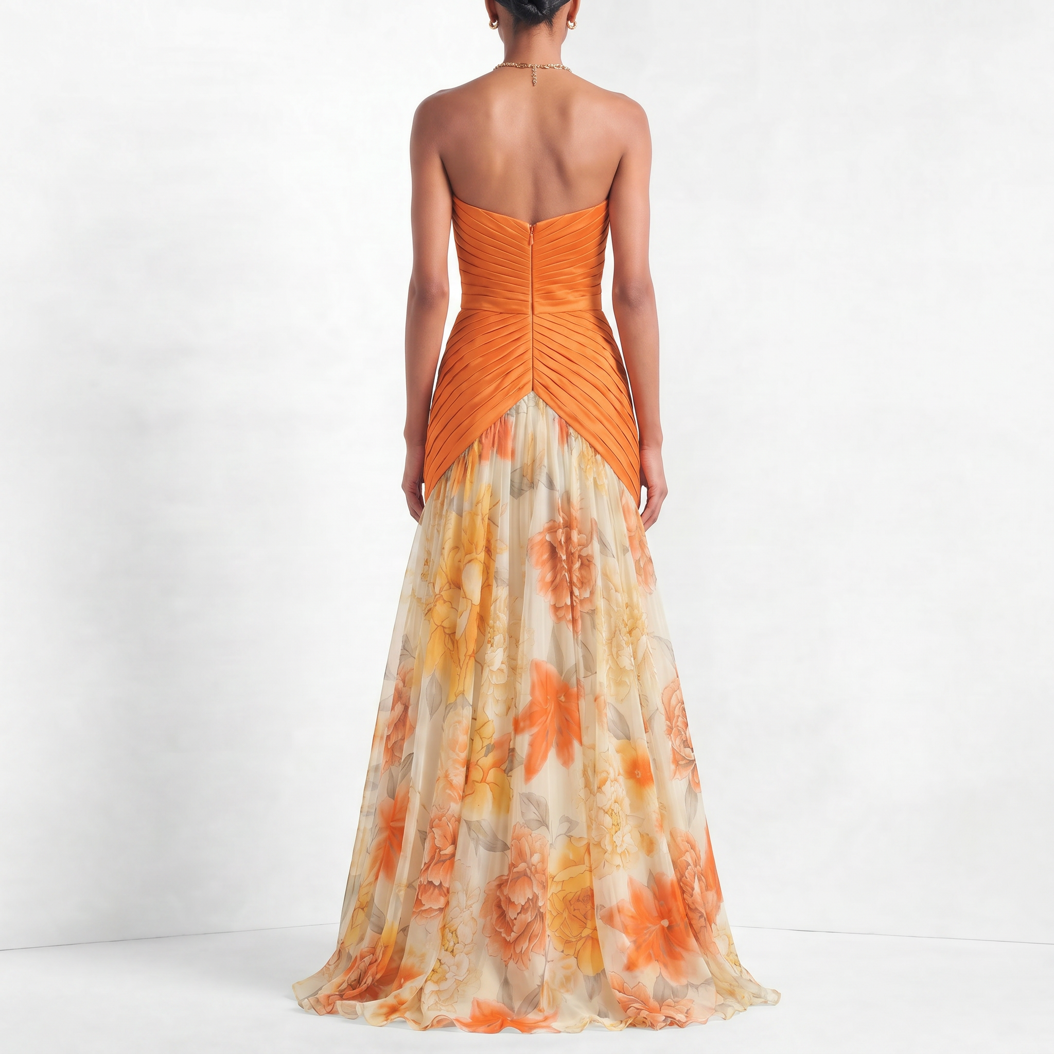 Orange Vibrant Floral Ruched Evening Dress