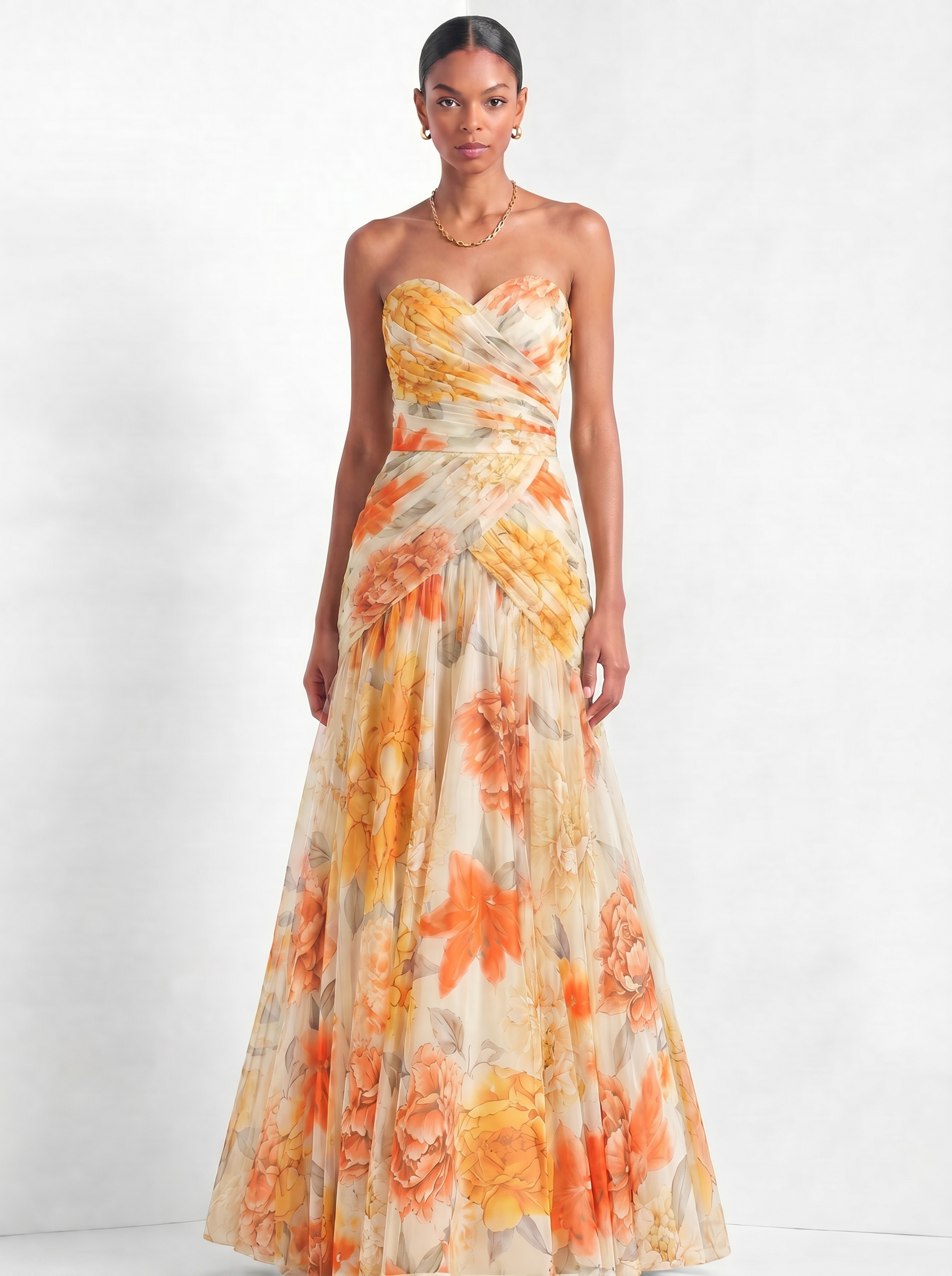 Orange Ethereal Floral Chiffon Evening Dress for Golden Hour Elegance