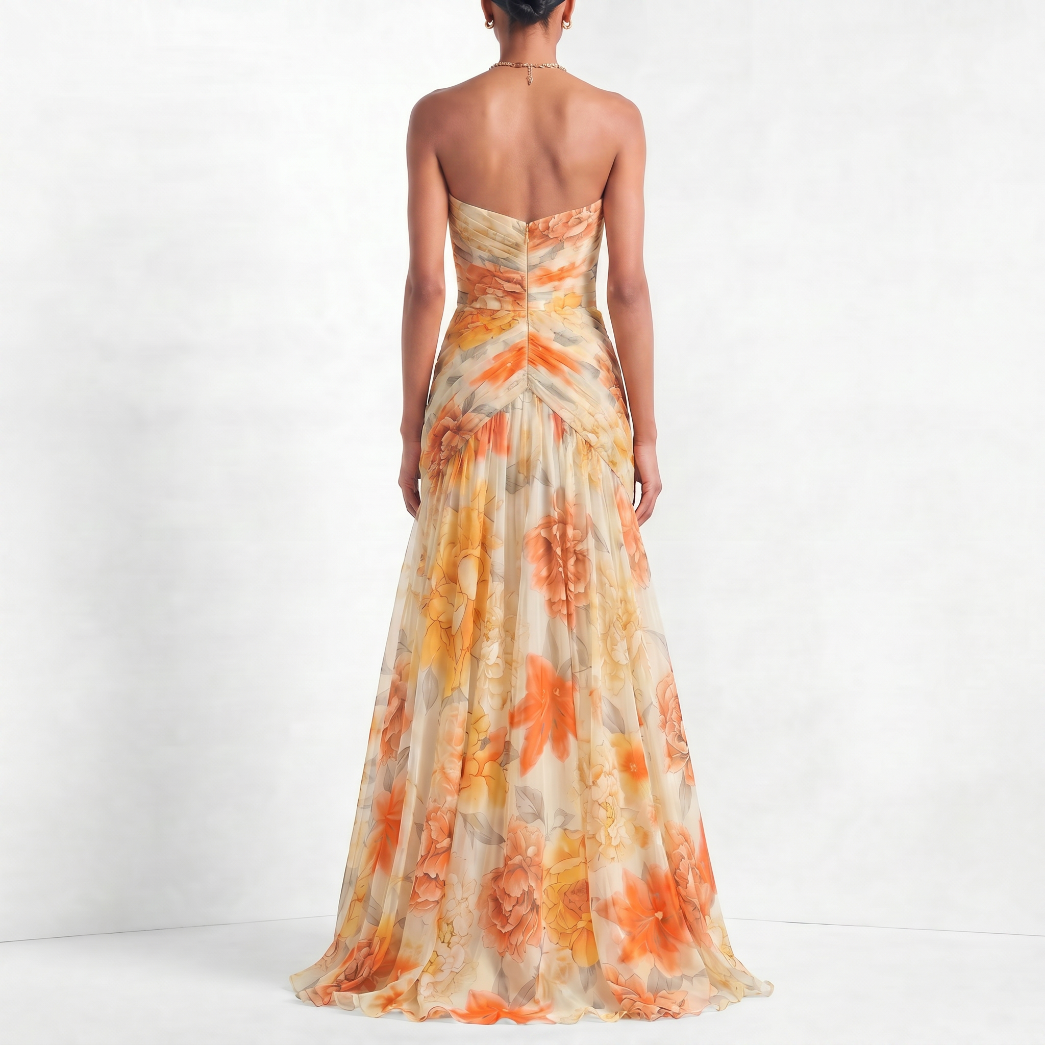 Orange Ethereal Floral Chiffon Evening Dress for Golden Hour Elegance