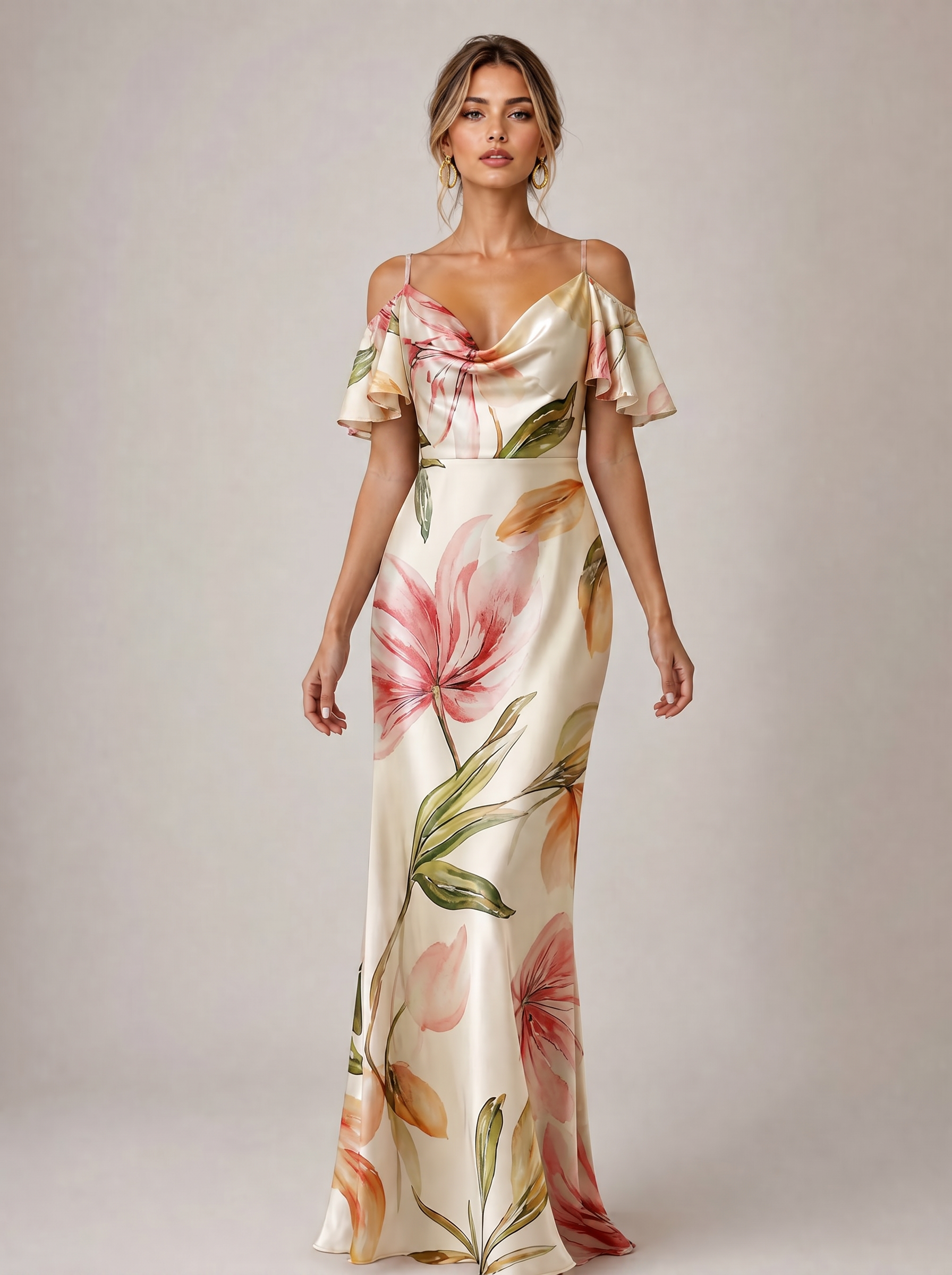 Romantic Cream Floral Satin Cold-Shoulder Evening Dress