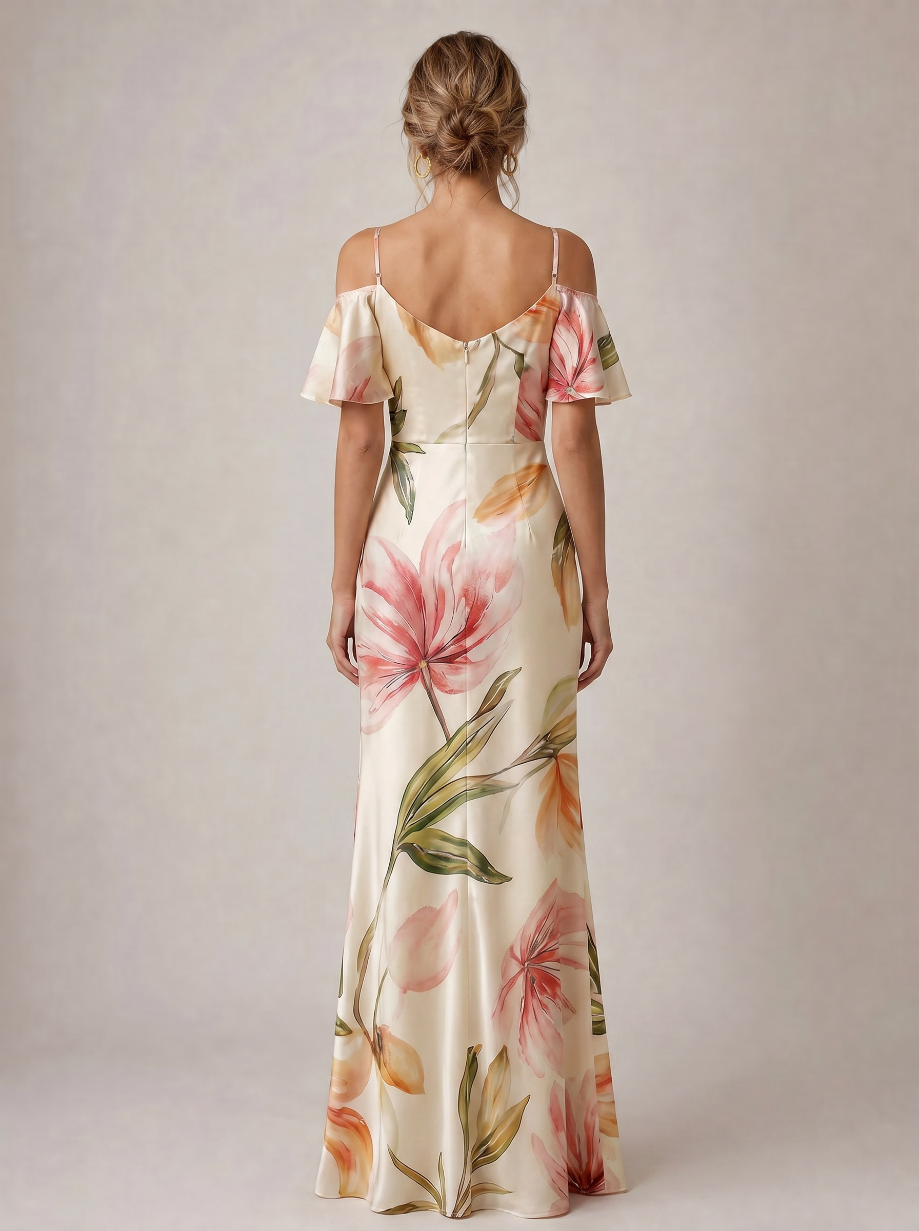 Romantic Cream Floral Satin Cold-Shoulder Evening Dress