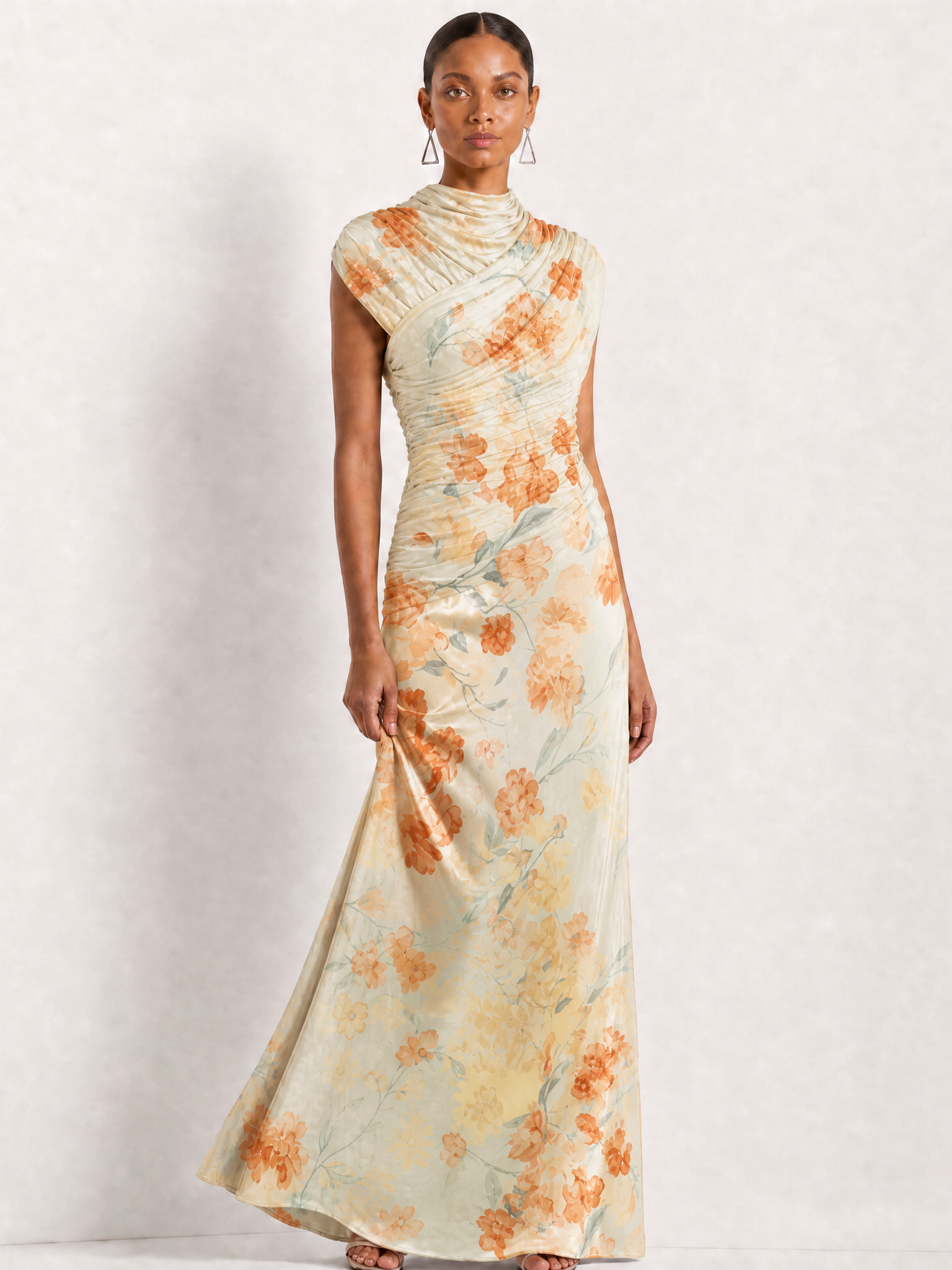 Sophisticated Yellow Ruched Mock-Neck Floral Evening Dress
