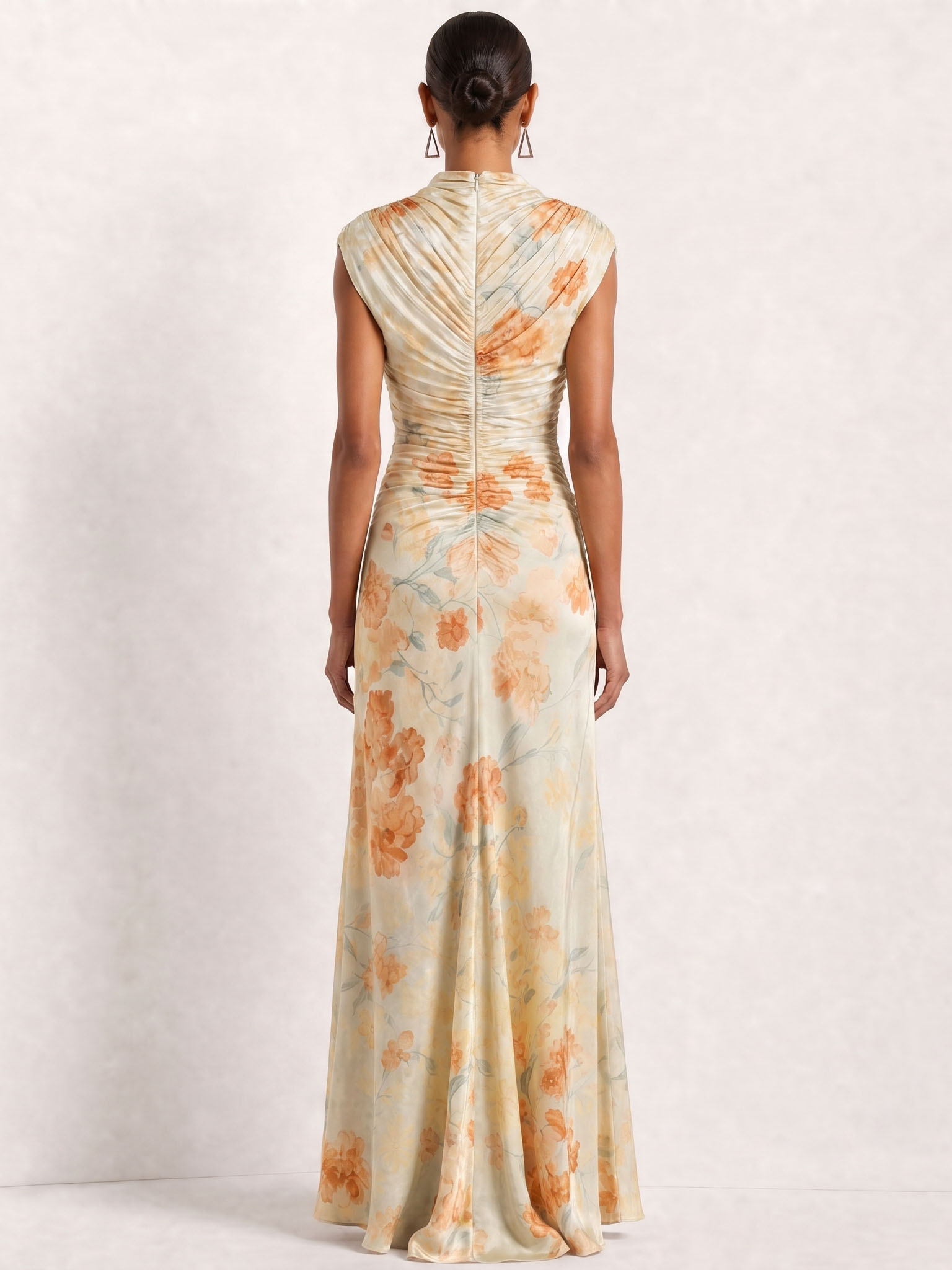 Sophisticated Yellow Ruched Mock-Neck Floral Evening Dress