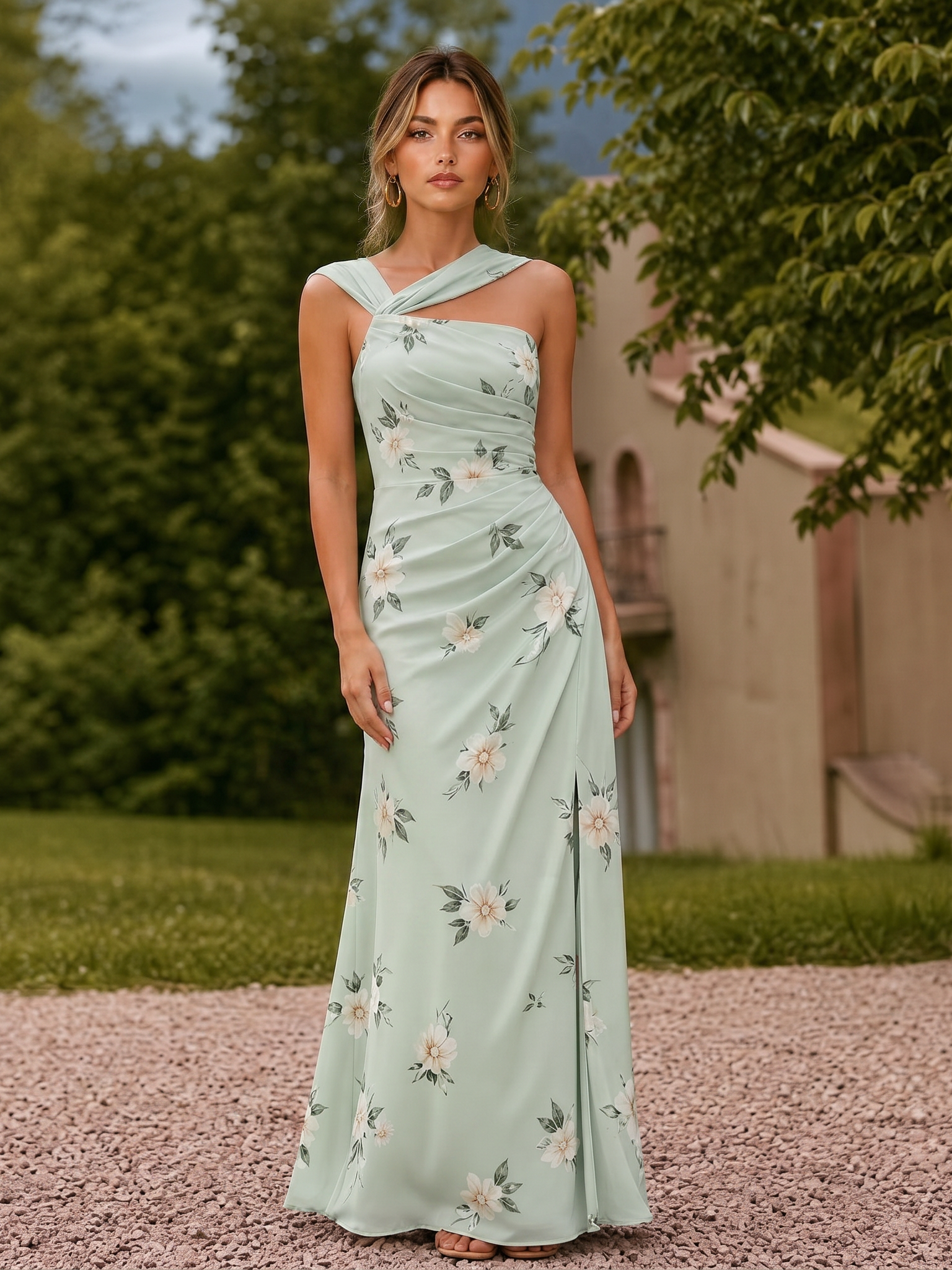 Romantic Sage Floral Ruched Column Evening Dress