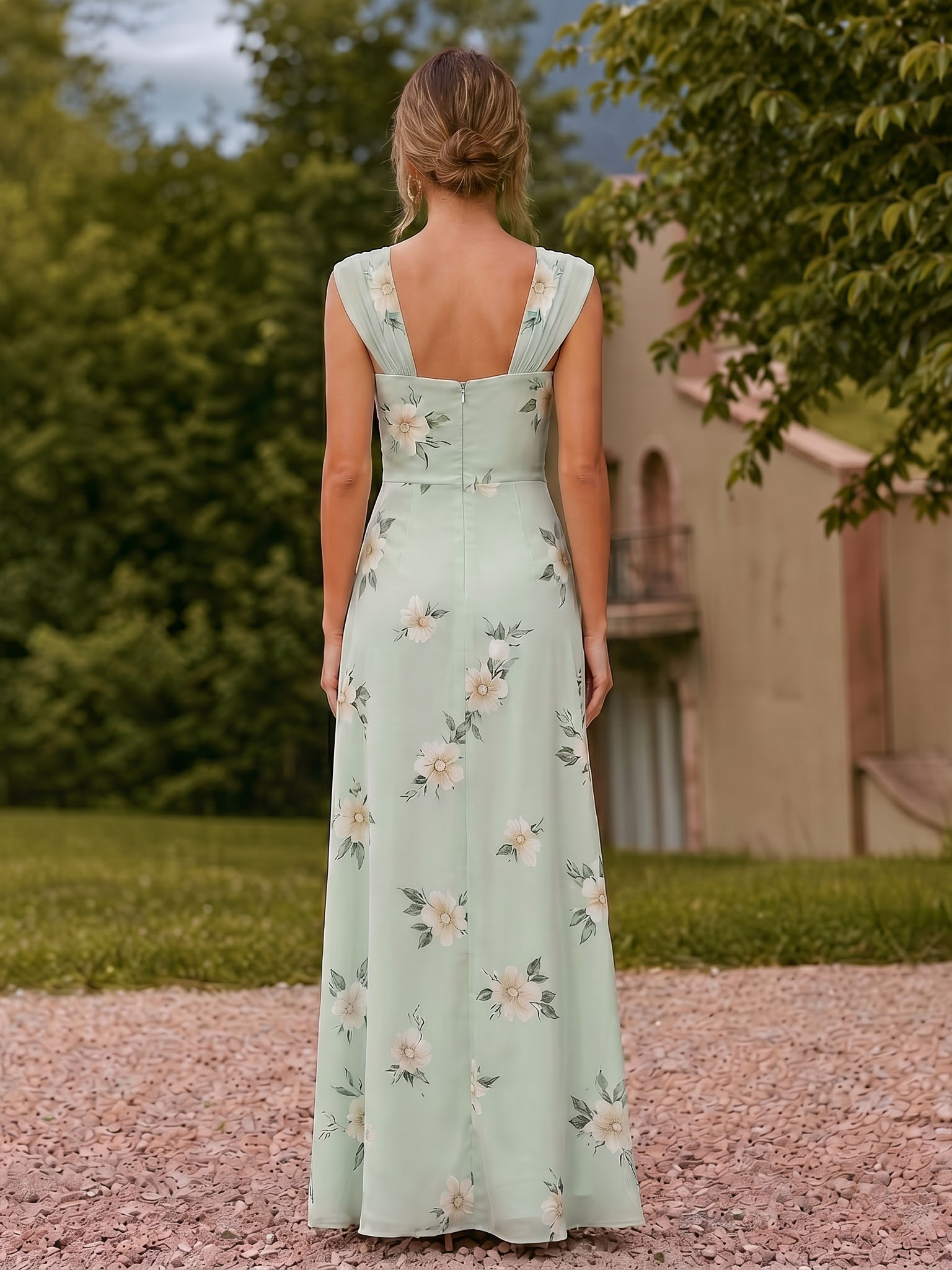 Romantic Sage Floral Ruched Column Evening Dress