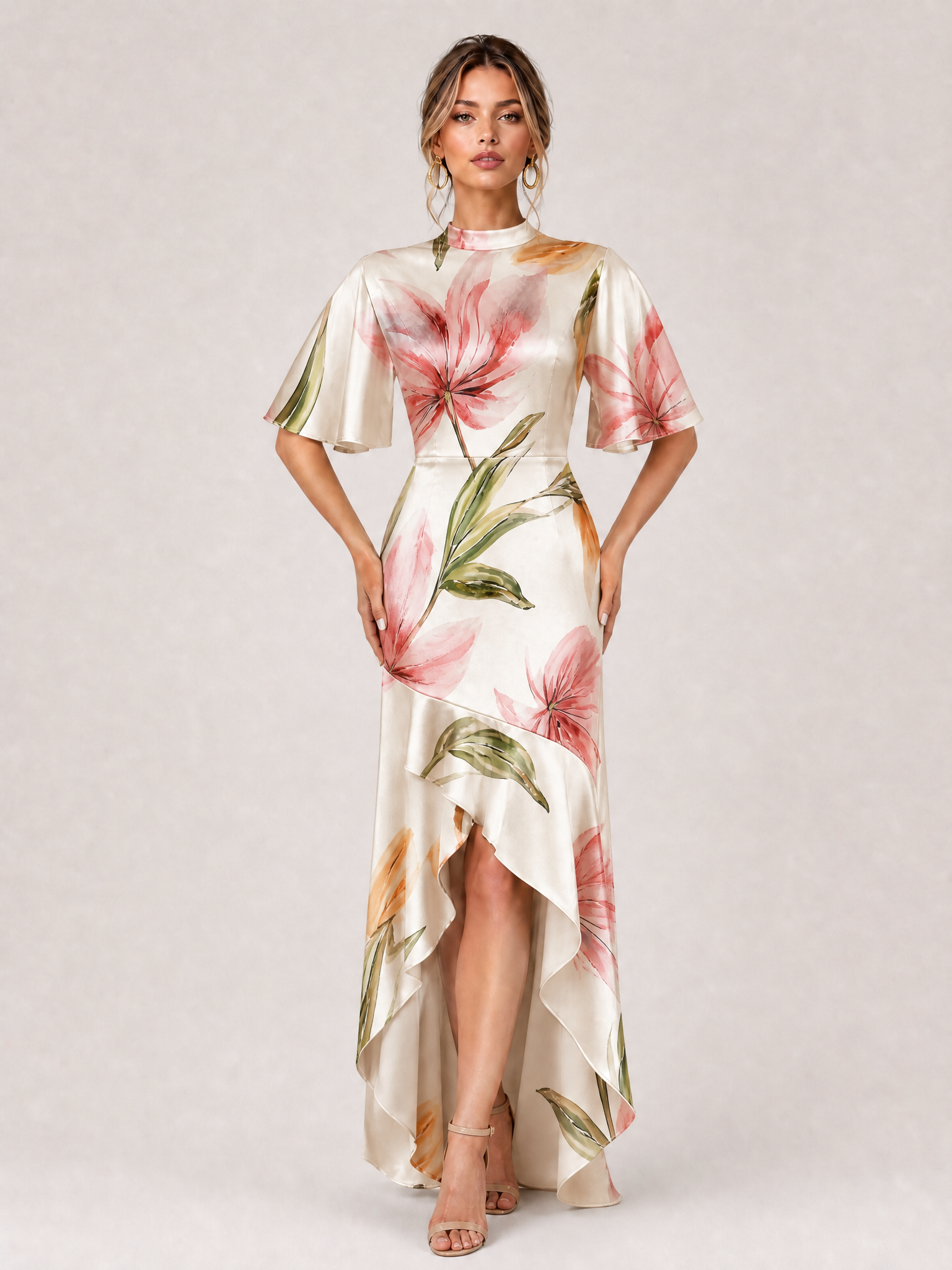 Elegant Ivory Floral Satin High-Low Evening Dress