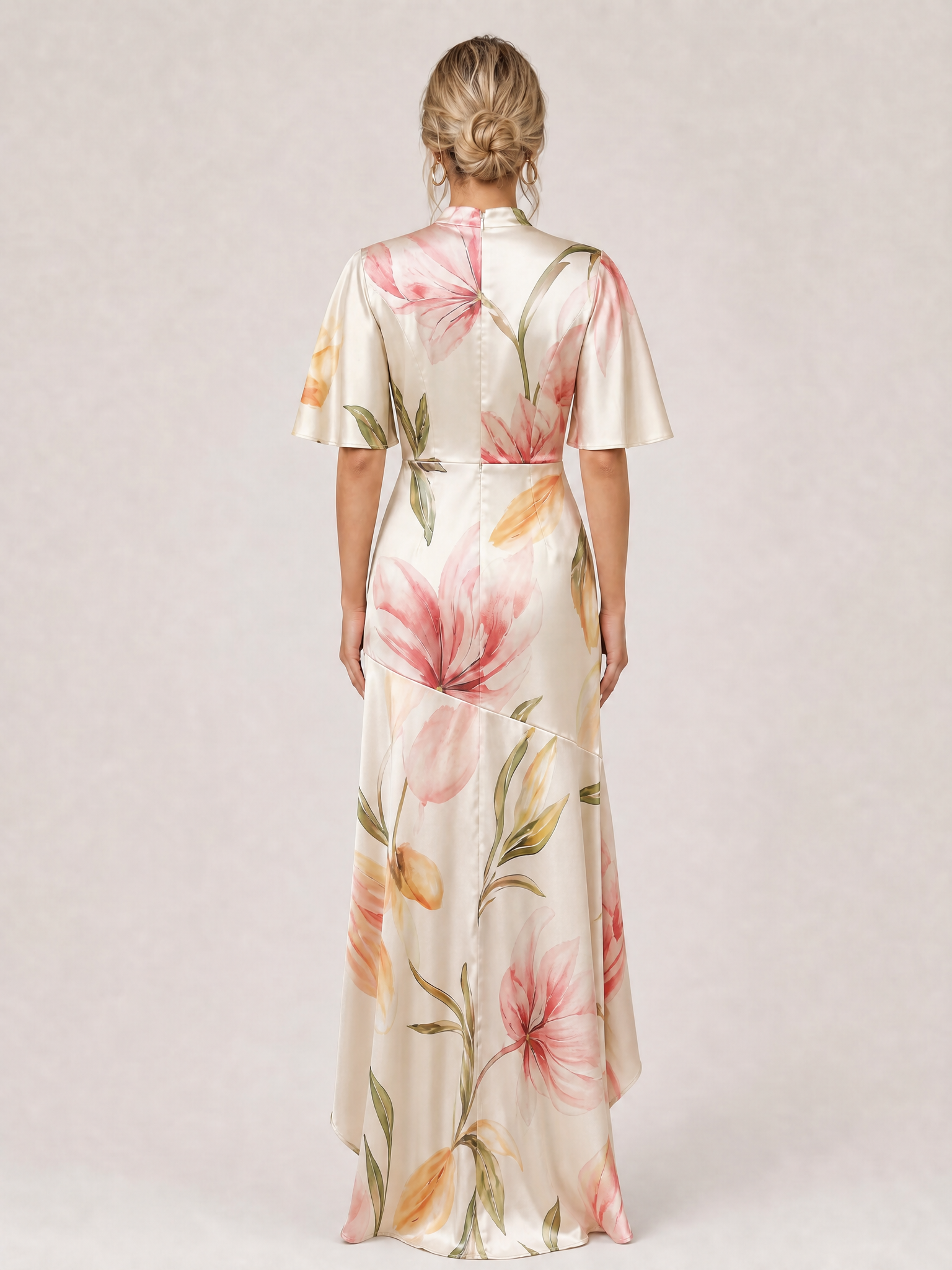 Elegant Ivory Floral Satin High-Low Evening Dress