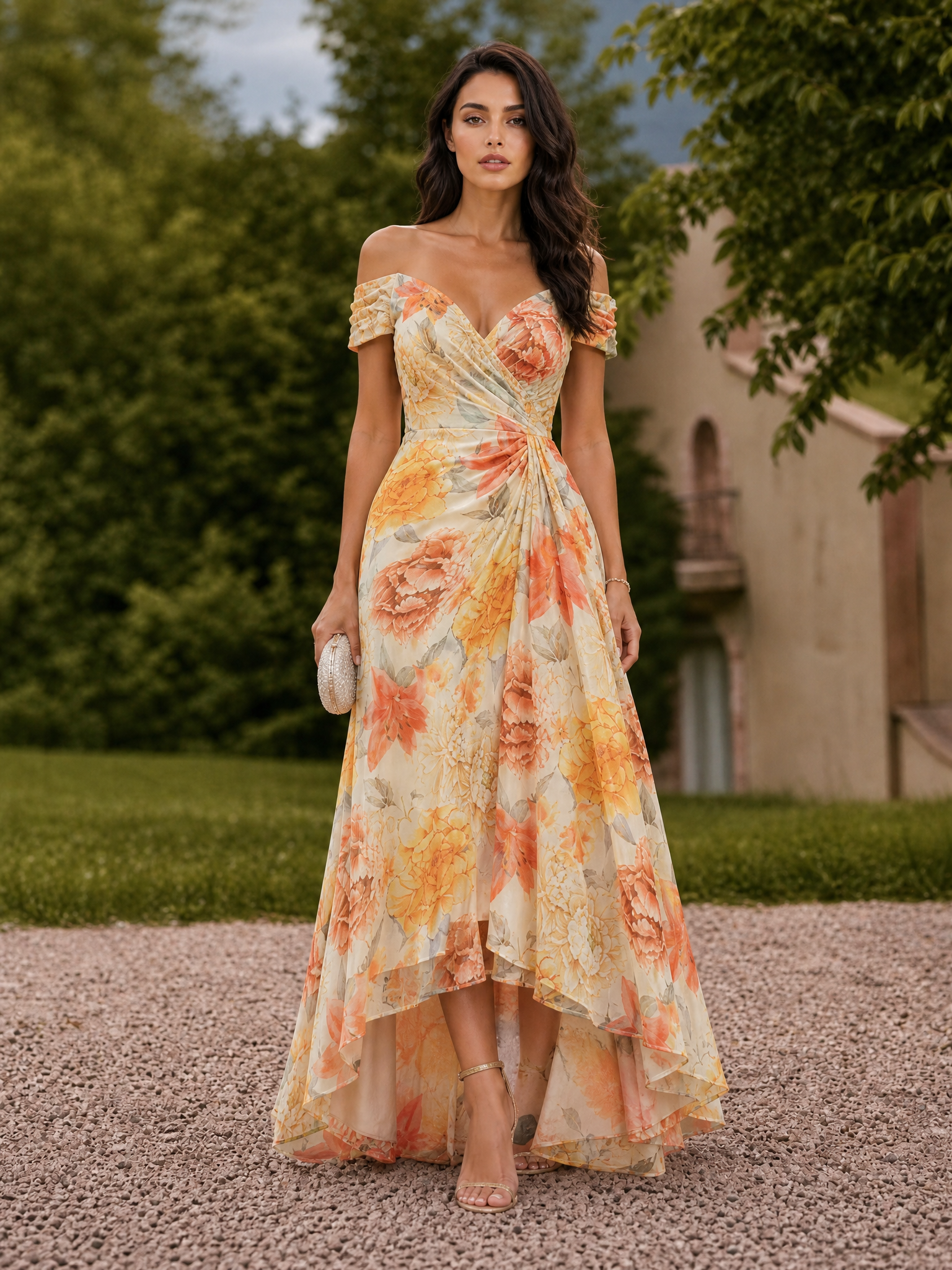Radiant Orange Floral Off-Shoulder High-Low Evening Dress