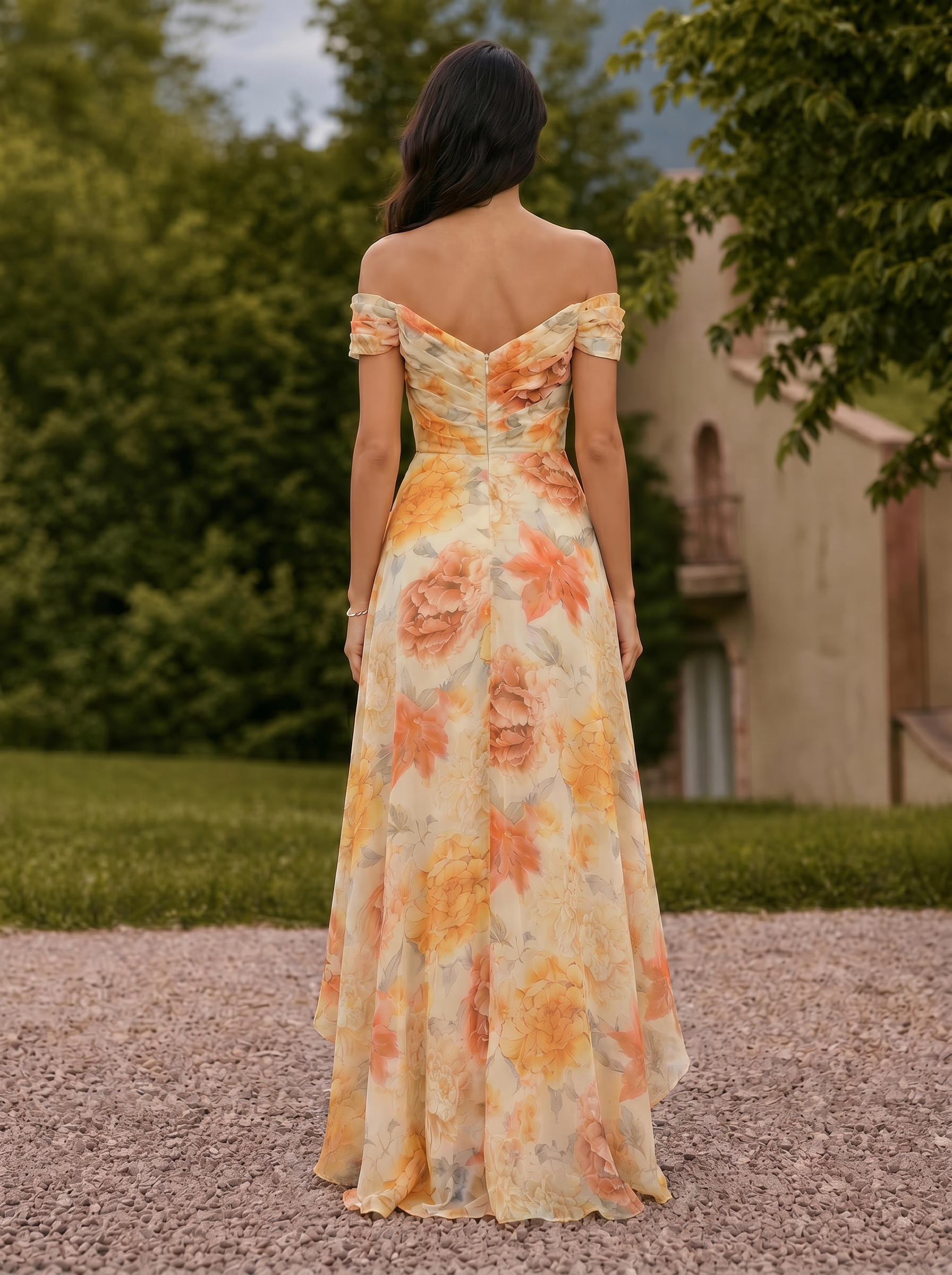 Radiant Orange Floral Off-Shoulder High-Low Evening Dress