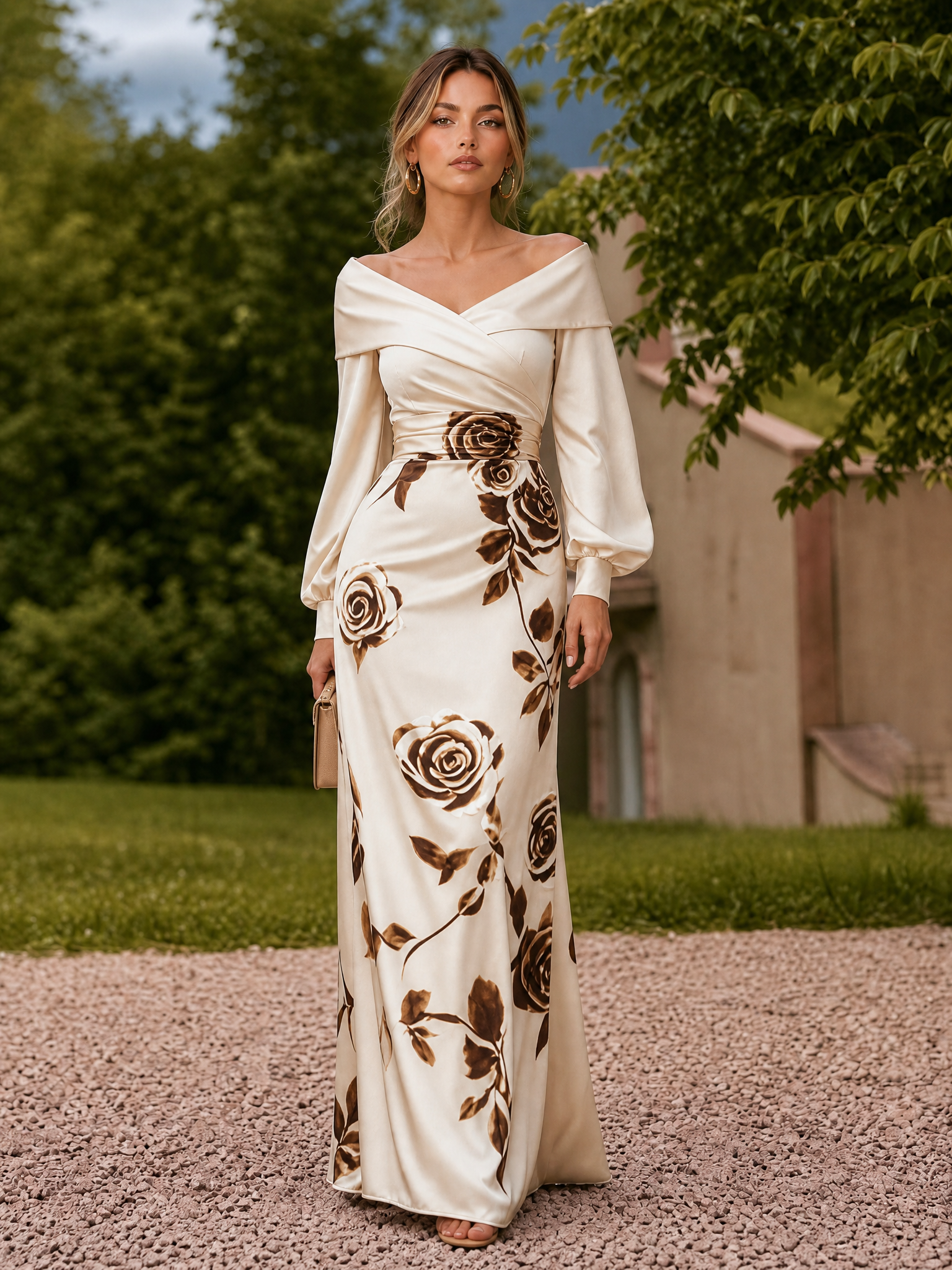 Romantic Ivory Off-Shoulder Floral Evening Dress