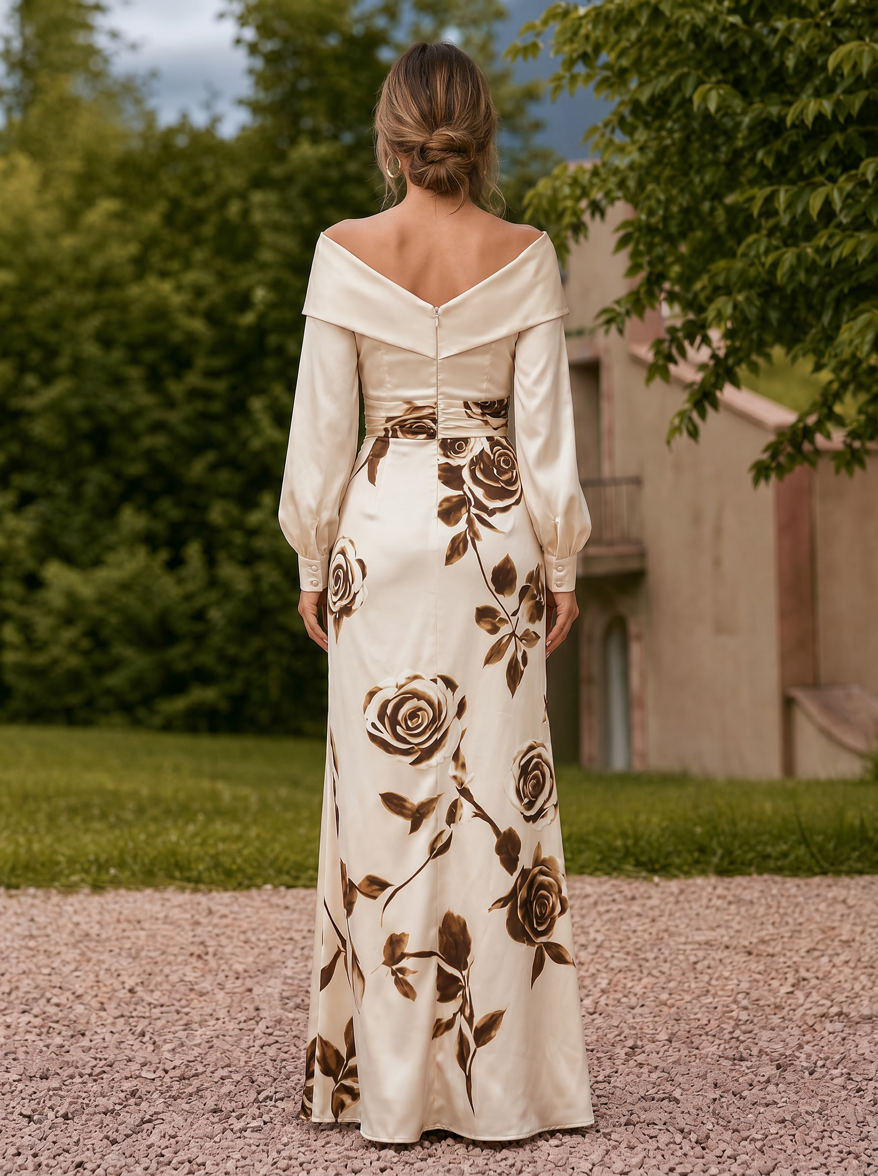 Romantic Ivory Off-Shoulder Floral Evening Dress