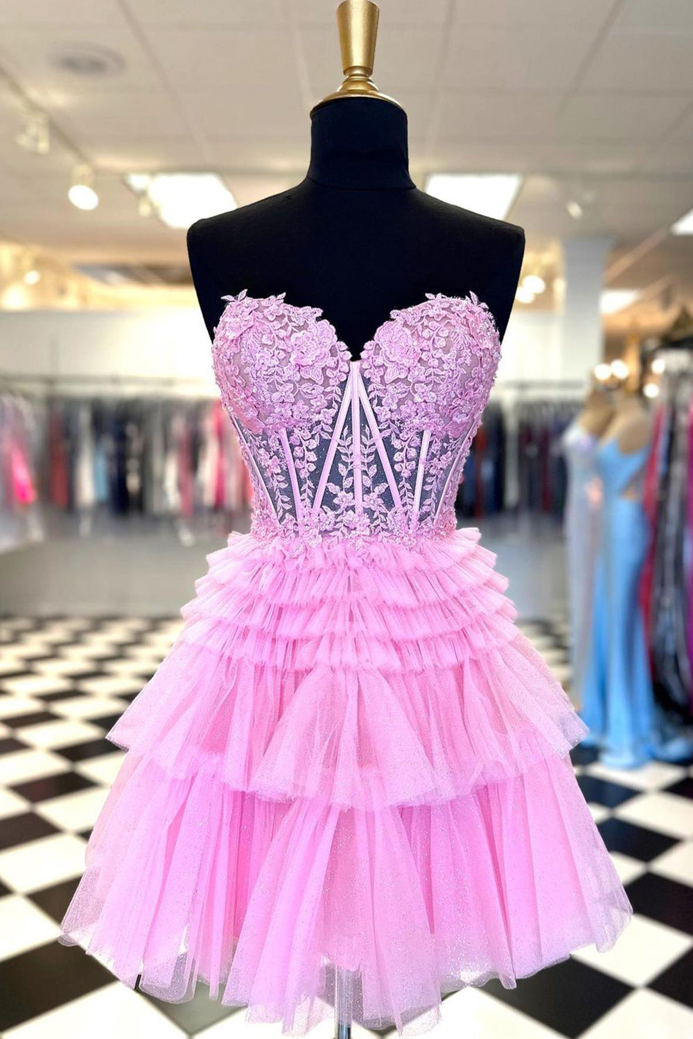 Pevafe Women A-Line Sweetheart Pink Corset Short Homecoming Dress with Lace