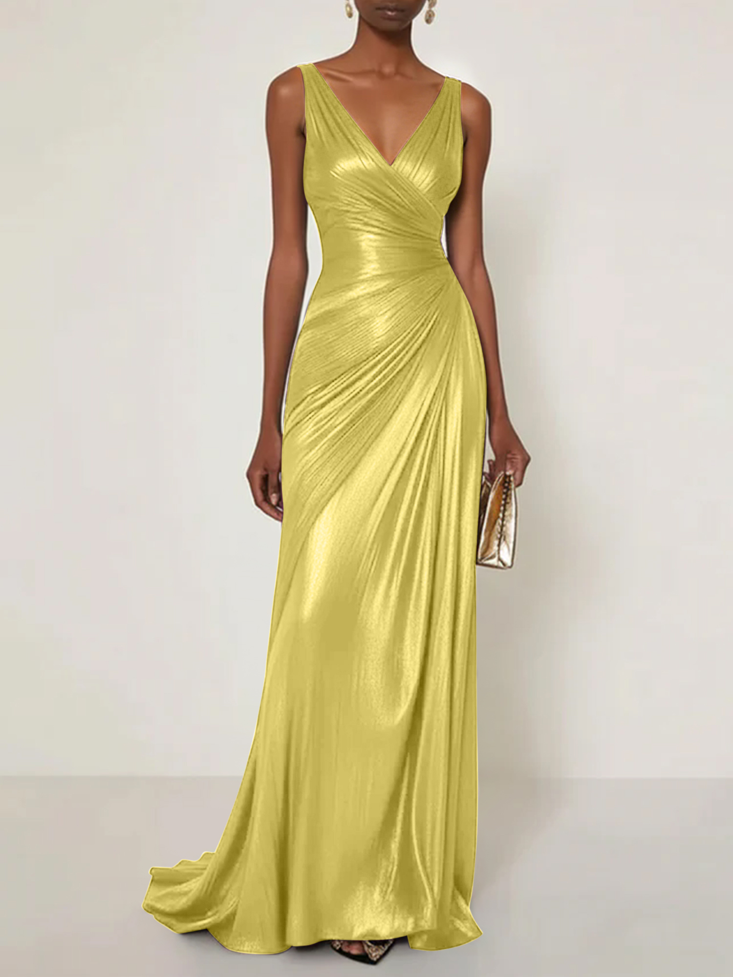 Evening Formal Dress V Neck Silk Ruffles Maxi Dress Gown