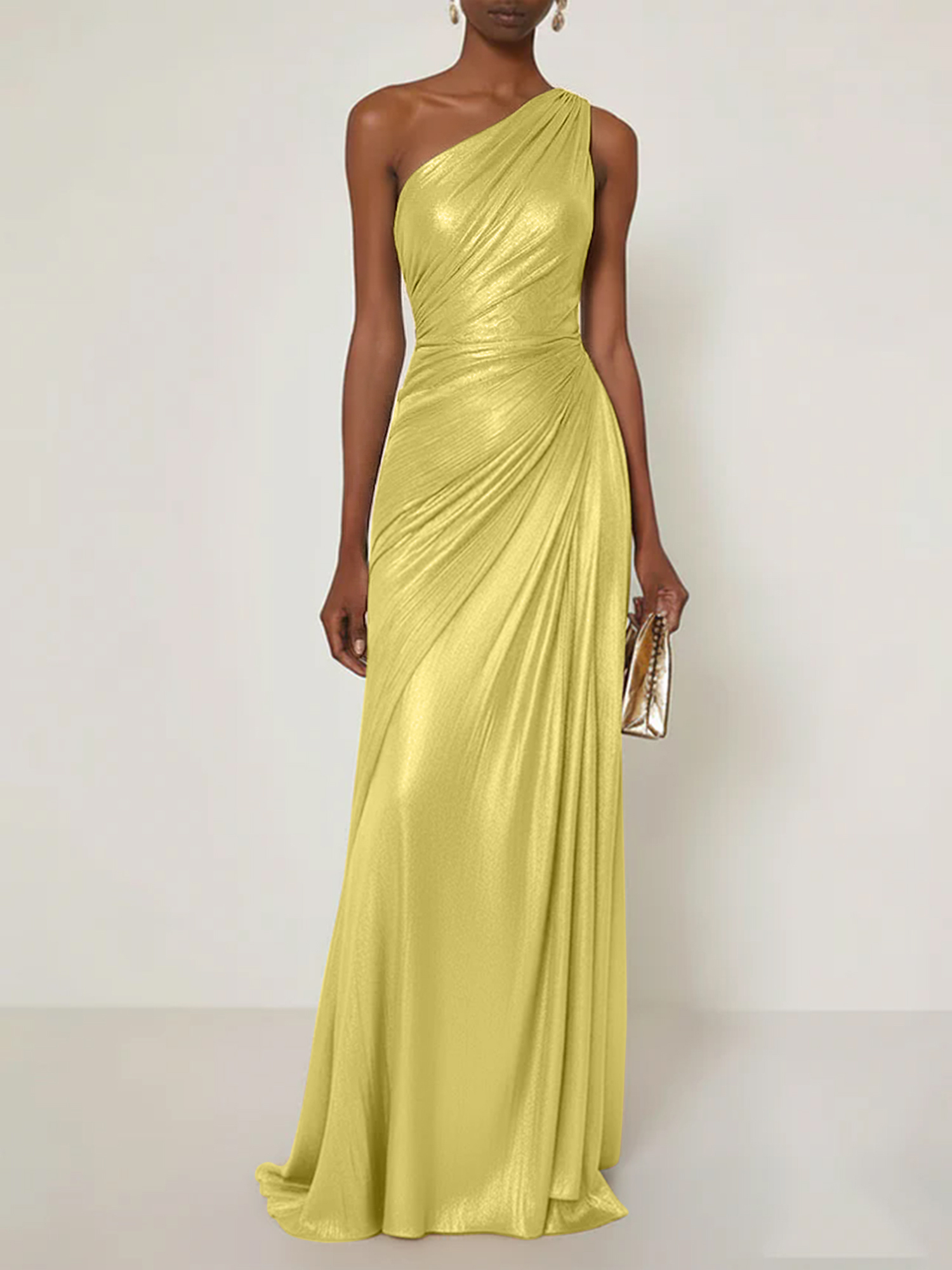 Evening Formal Dress V Neck One Shoulder Silk Ruffles Maxi Dress