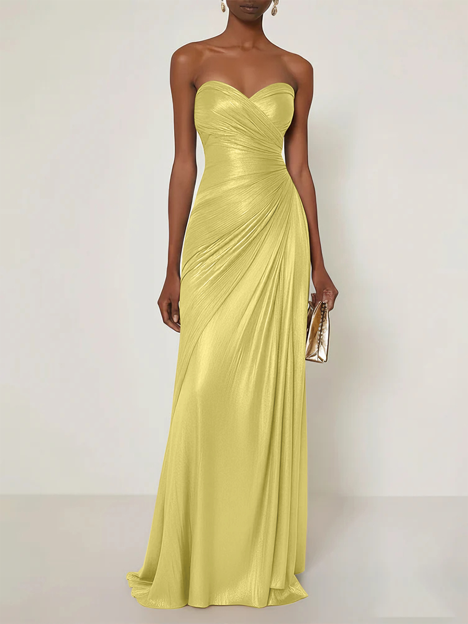 Evening Formal Dress V Neck Silk Ruffles Strapless Maxi Dress