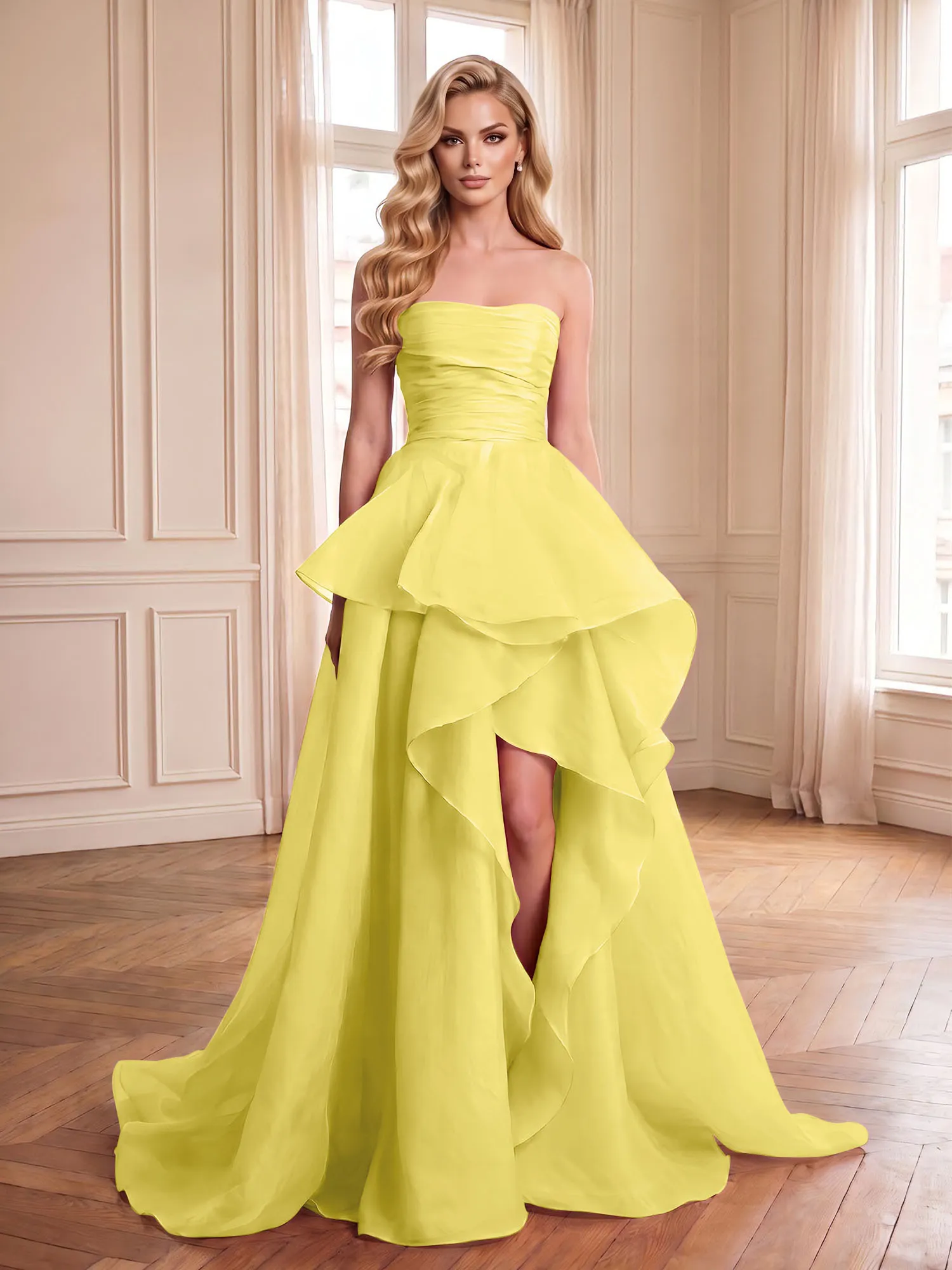 Strapless Tiered Organza Evening Gown with High Slit