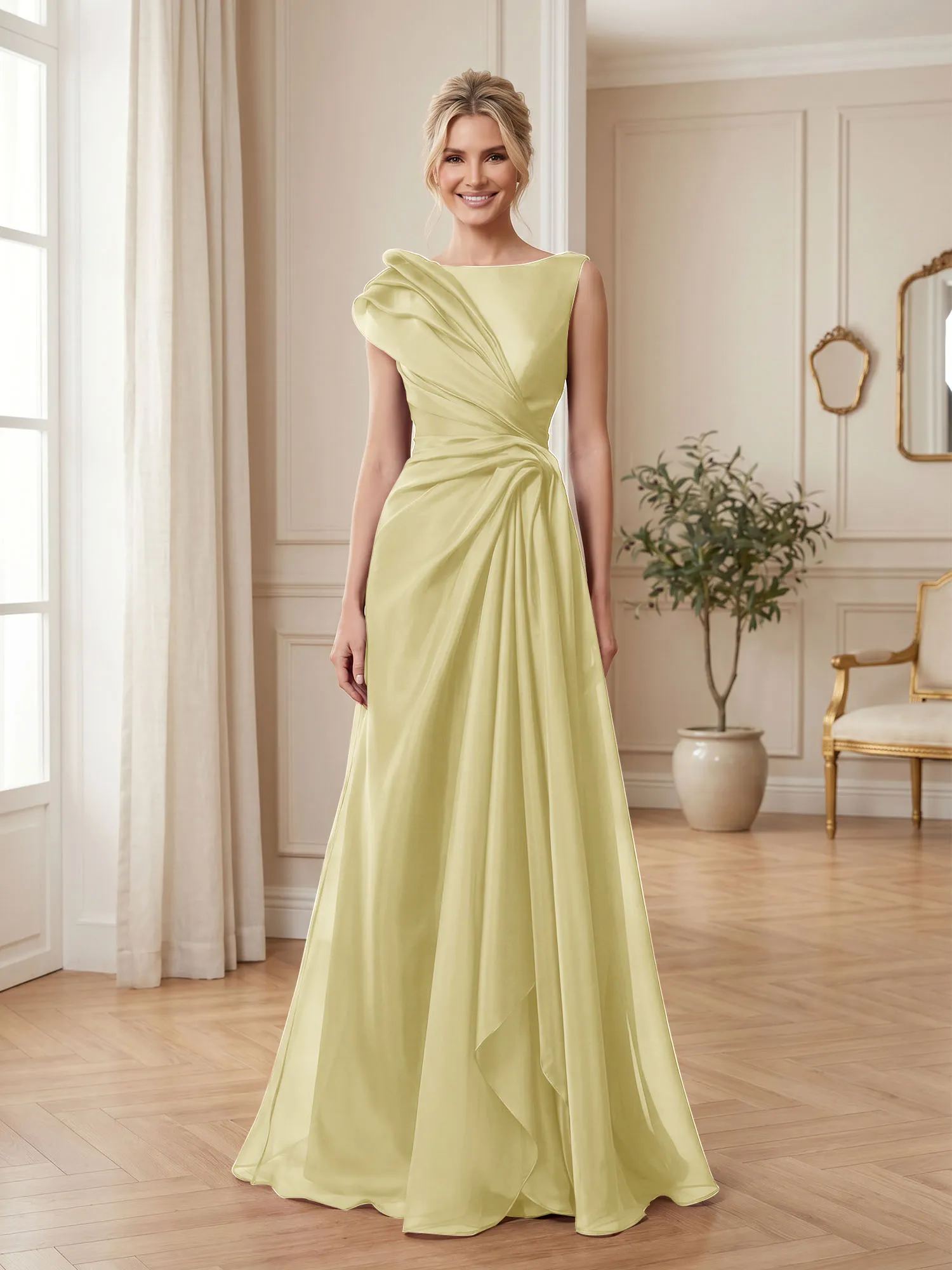 A Line Ruched Draped Tulle Evening Gown