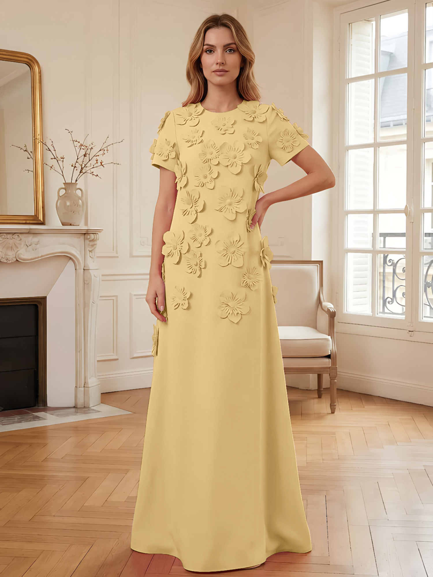 3D Floral Applique Short-Sleeve Column Evening Gown