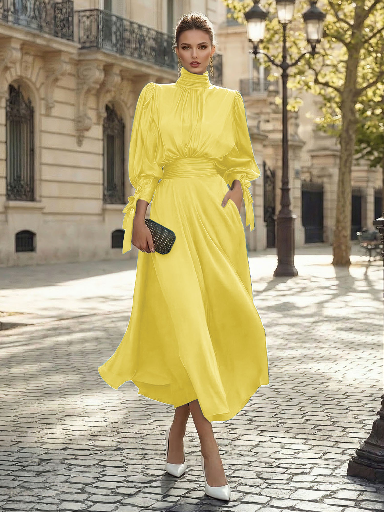 Sophisticated Camel V-Neck Balloon Sleeve Midi Dress Evening Gown