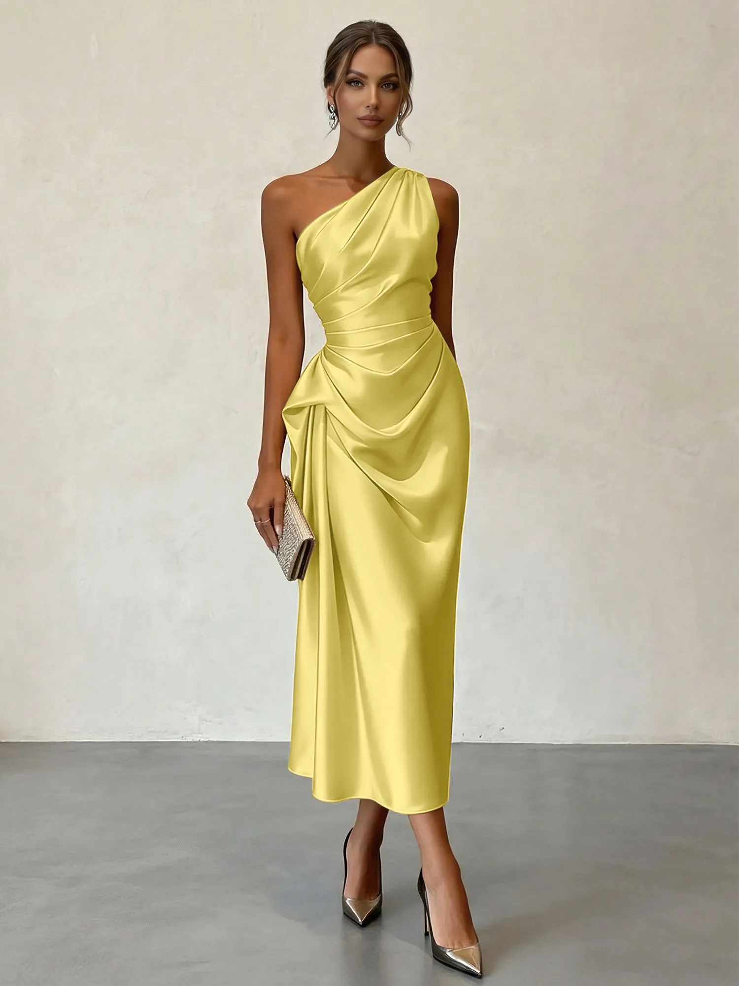 One-Shoulder Ruched Satin Midi Evening Dress with Draped Detail