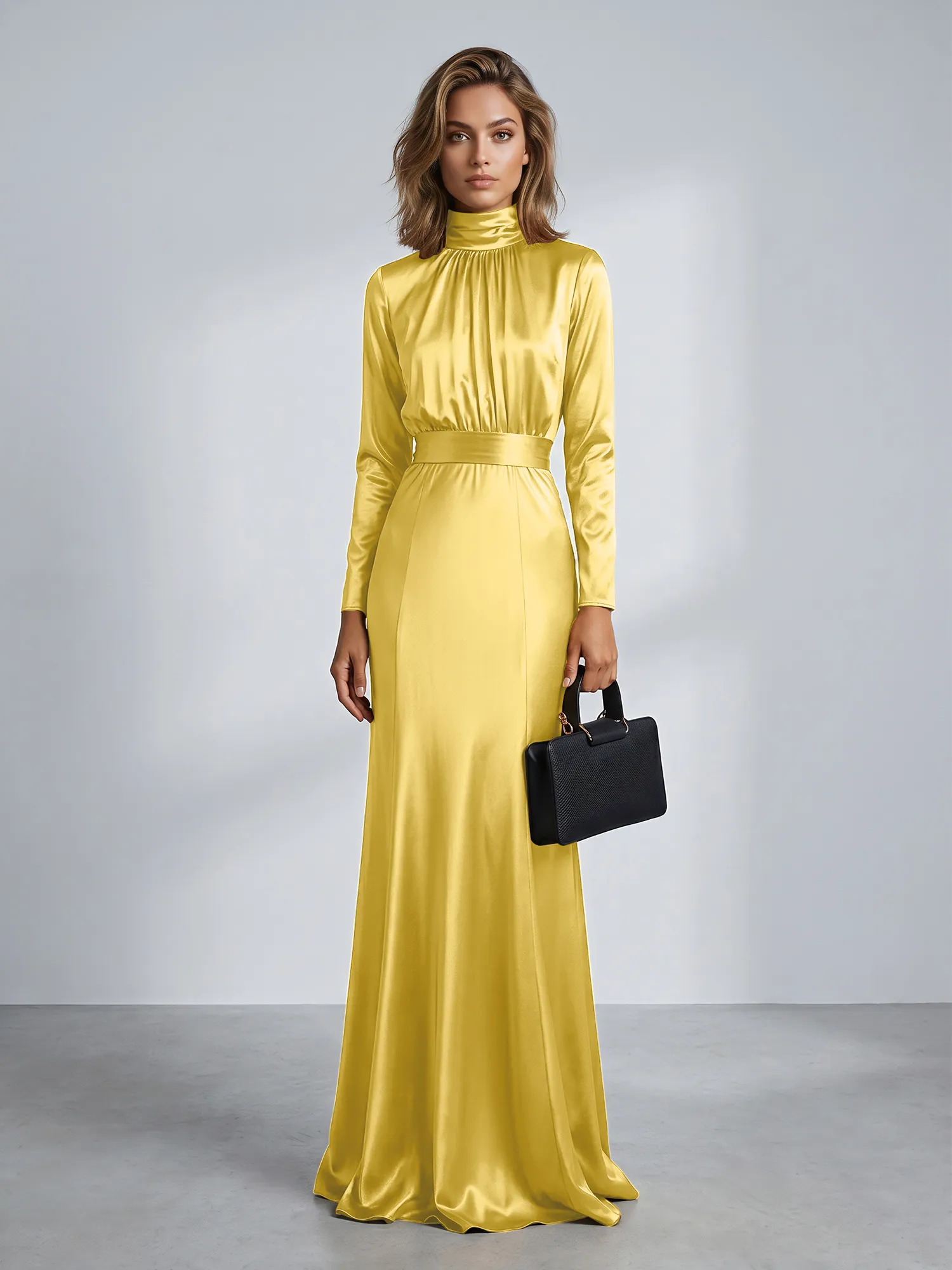 High Neck Long Sleeve Satin Mermaid Evening Gown with Waist Sash