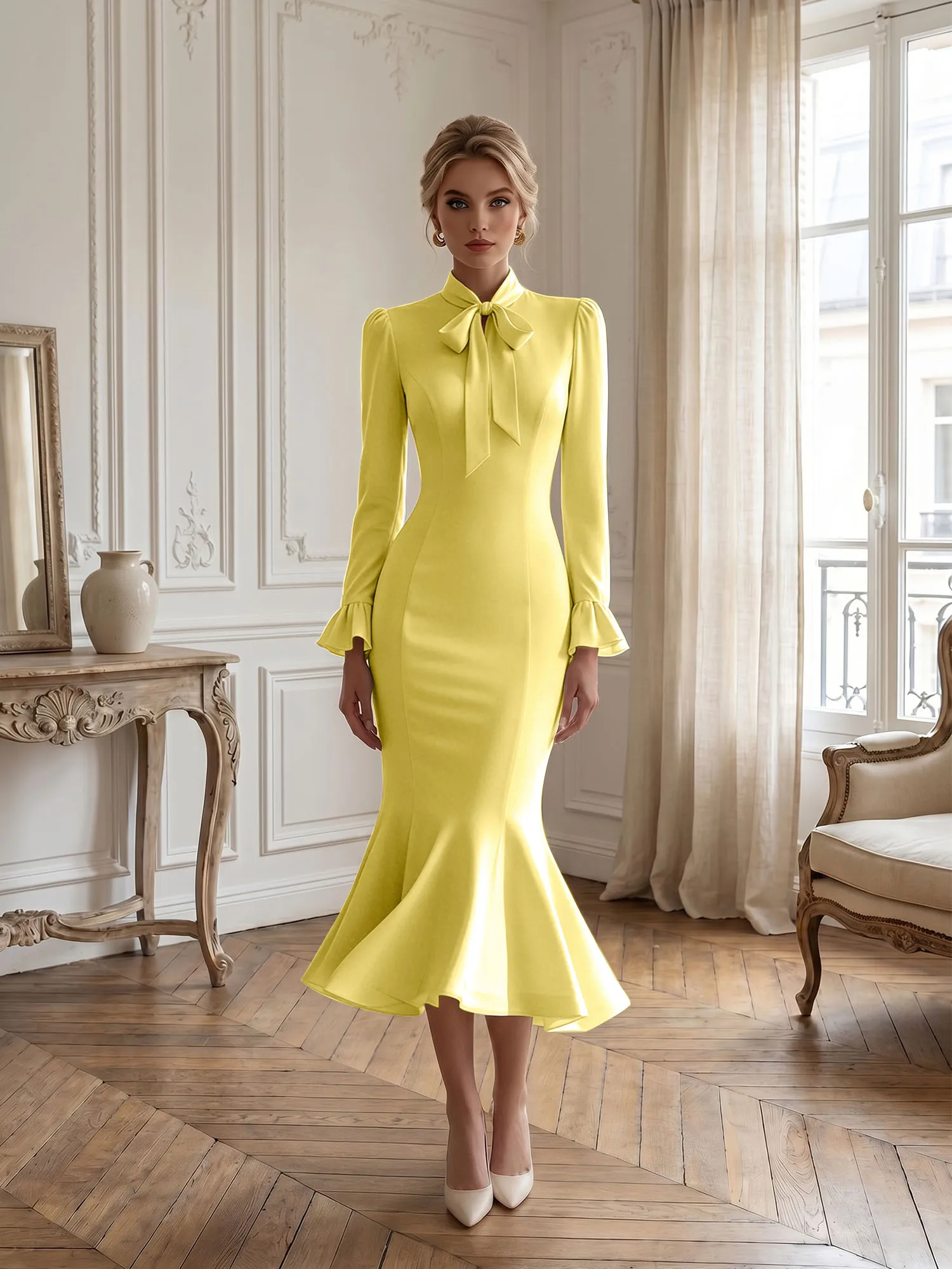High Neck Bow Tie Long Sleeve Midi Mermaid Evening Dress