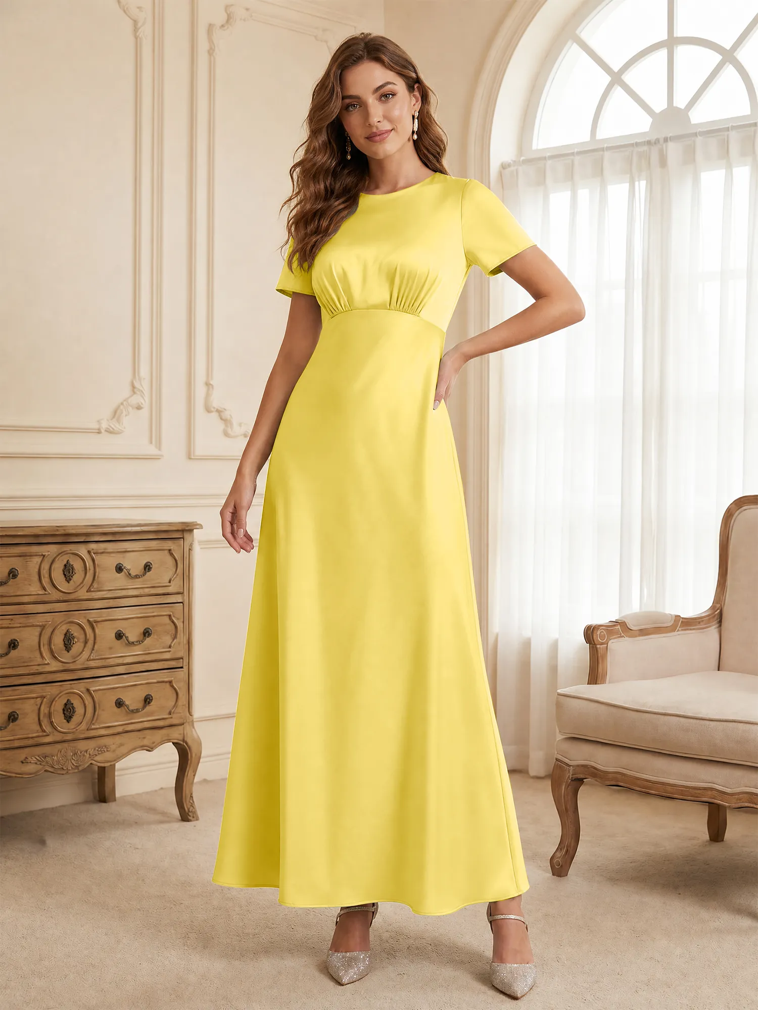 Round Neck Short Sleeve Satin Bridesmaid Dress