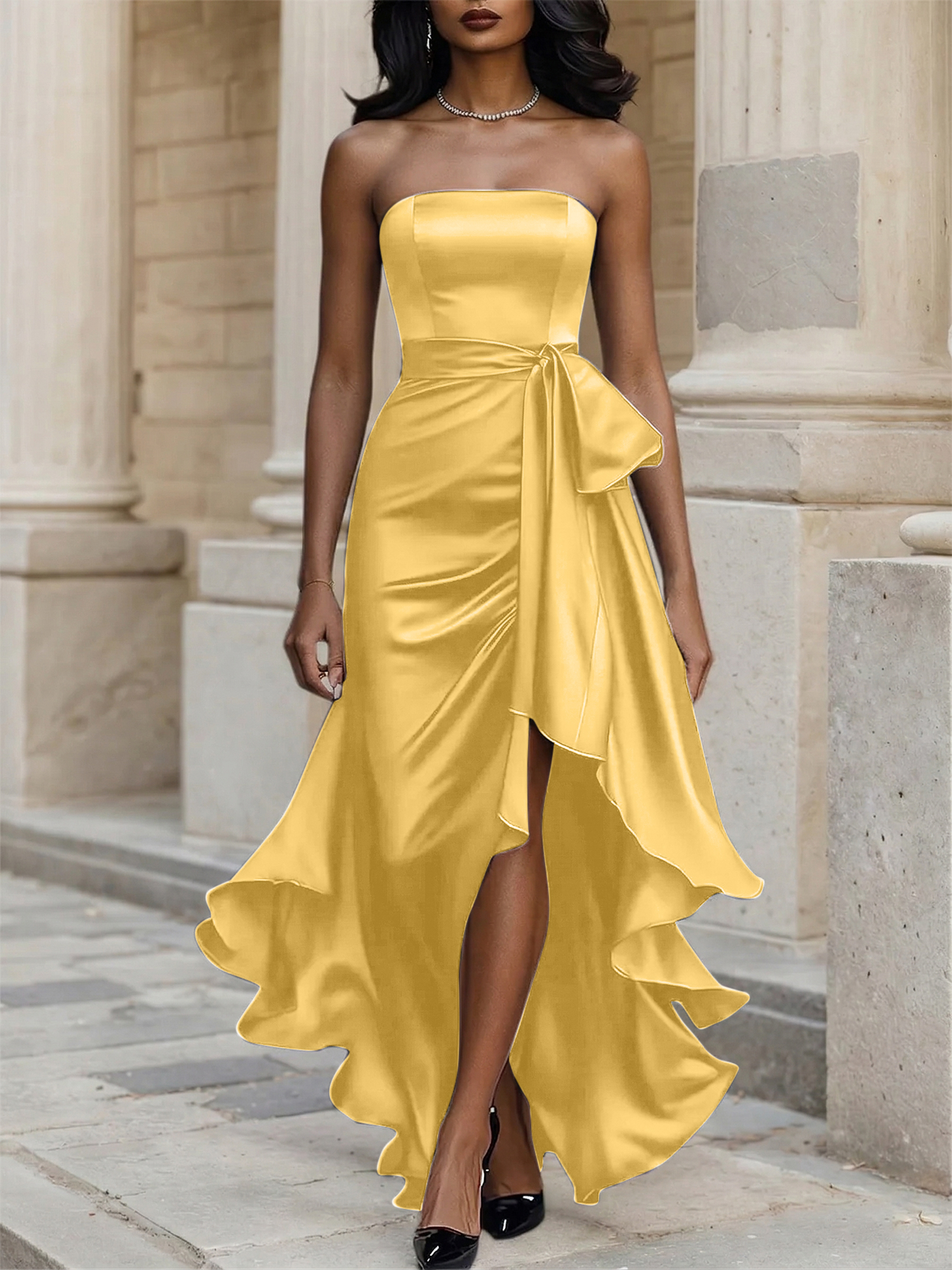Glamorous Formal Dress Midnight Navy Strapless High-Low Satin Gown Midi Dress